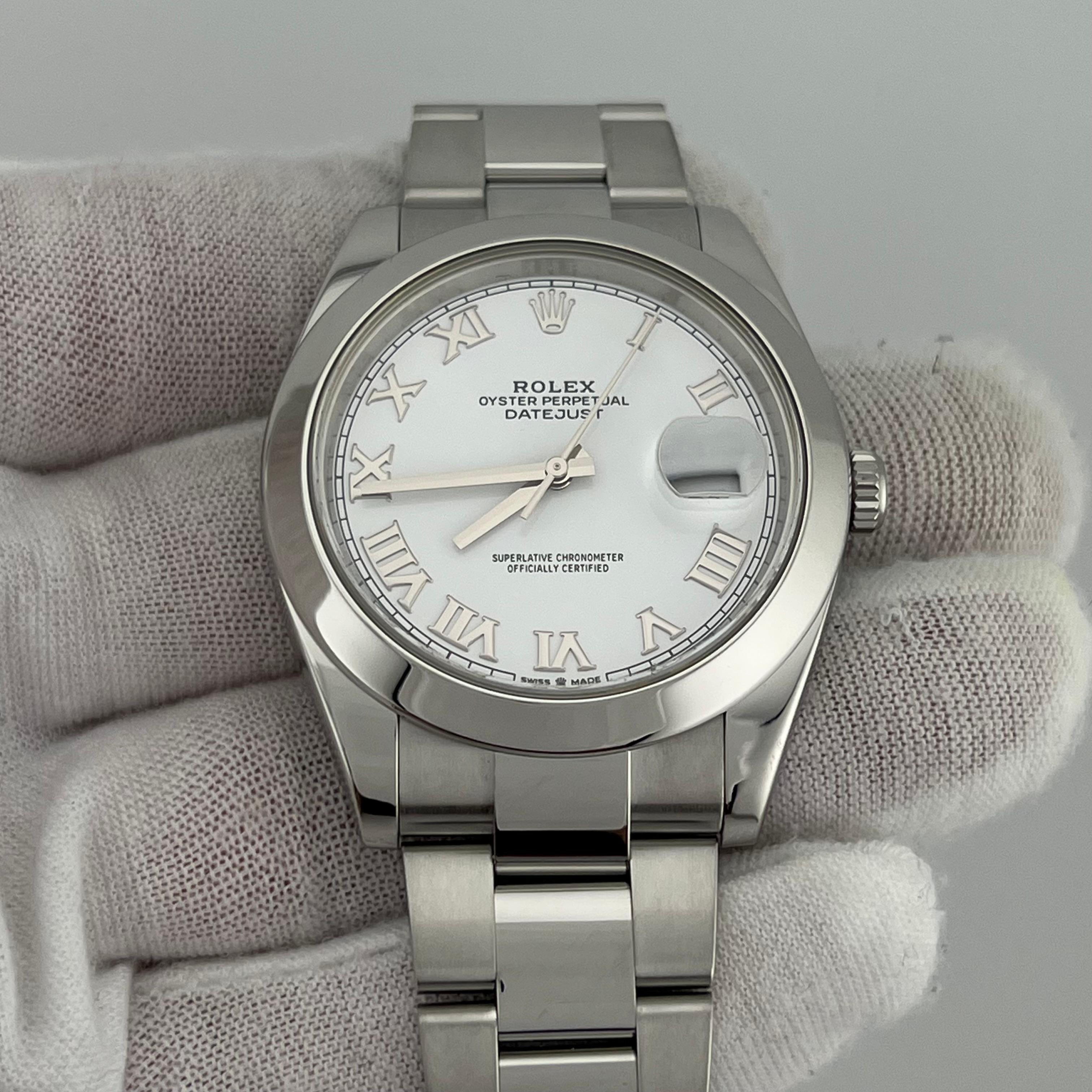 Men's Rolex Datejust 41 126300 White Roman Dial Stainless Steel Box Paper 2021 For Sale