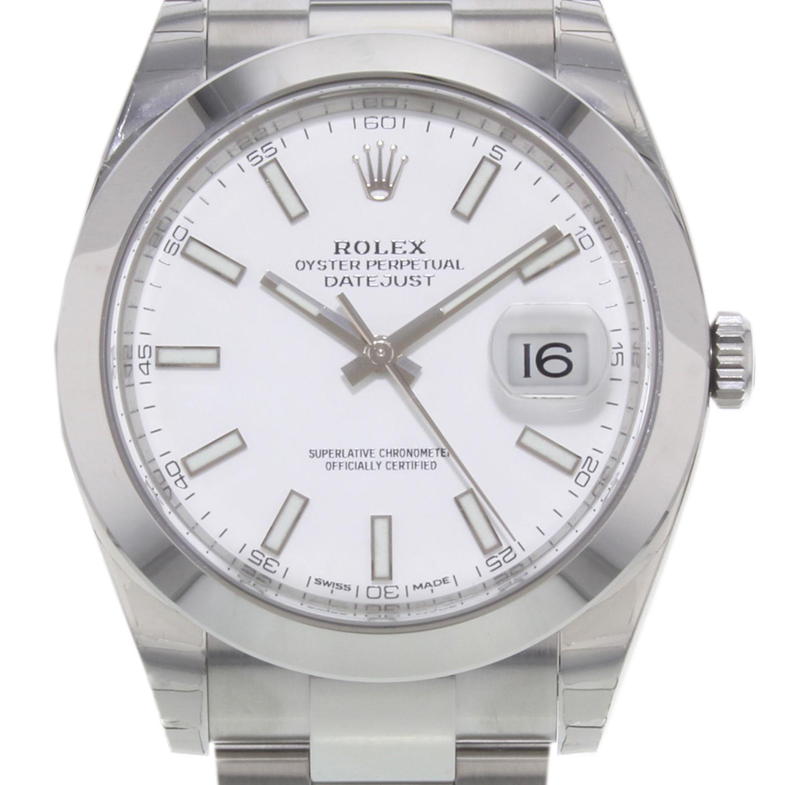 (19547)
This brand new Rolex Datejust 41 126300 wio is a beautiful men's timepiece that is powered by an automatic movement which is cased in a stainless steel case. It has a round shape face, date dial and has hand sticks style markers. It is