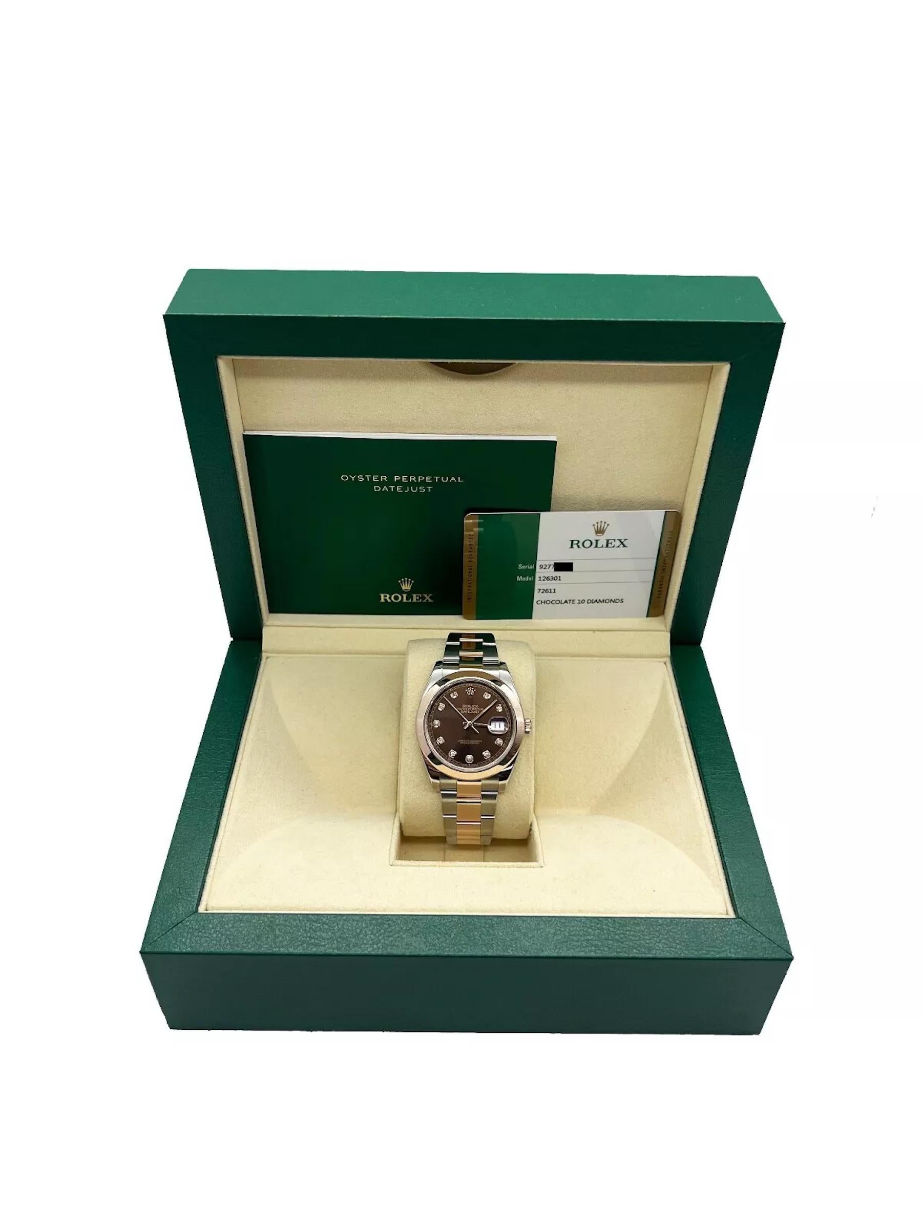 Rolex Datejust 41 126301 Chocolate Diamond Dial 18K Rose Gold Steel Box Paper In Excellent Condition For Sale In San Diego, CA