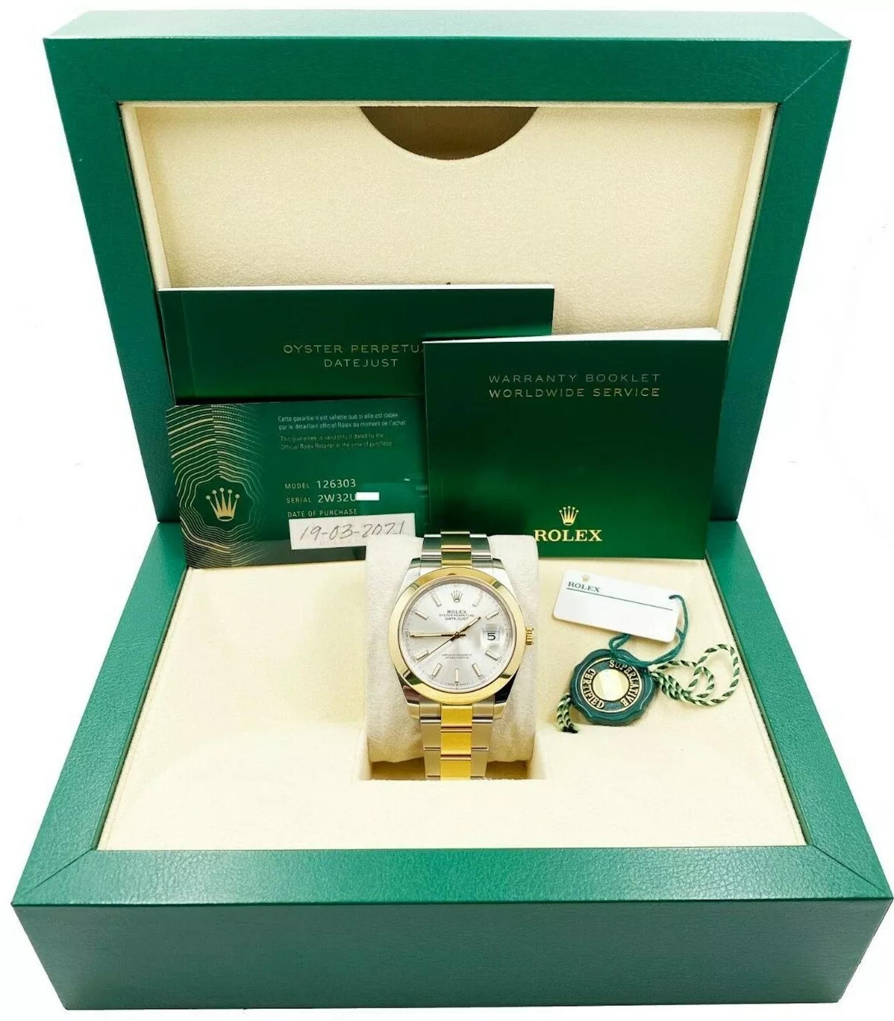 Numero di stile: 126303
Seriale: 2W32U***
Anno: 2021
Model: Rolex Datejust 41
Materiale della cassa: Acciaio inossidabile e oro giallo 18 carati
Fascia: oro giallo 18 carati e acciaio inossidabile
Lunetta:  Oro giallo 18 carati liscio
Quadrante: