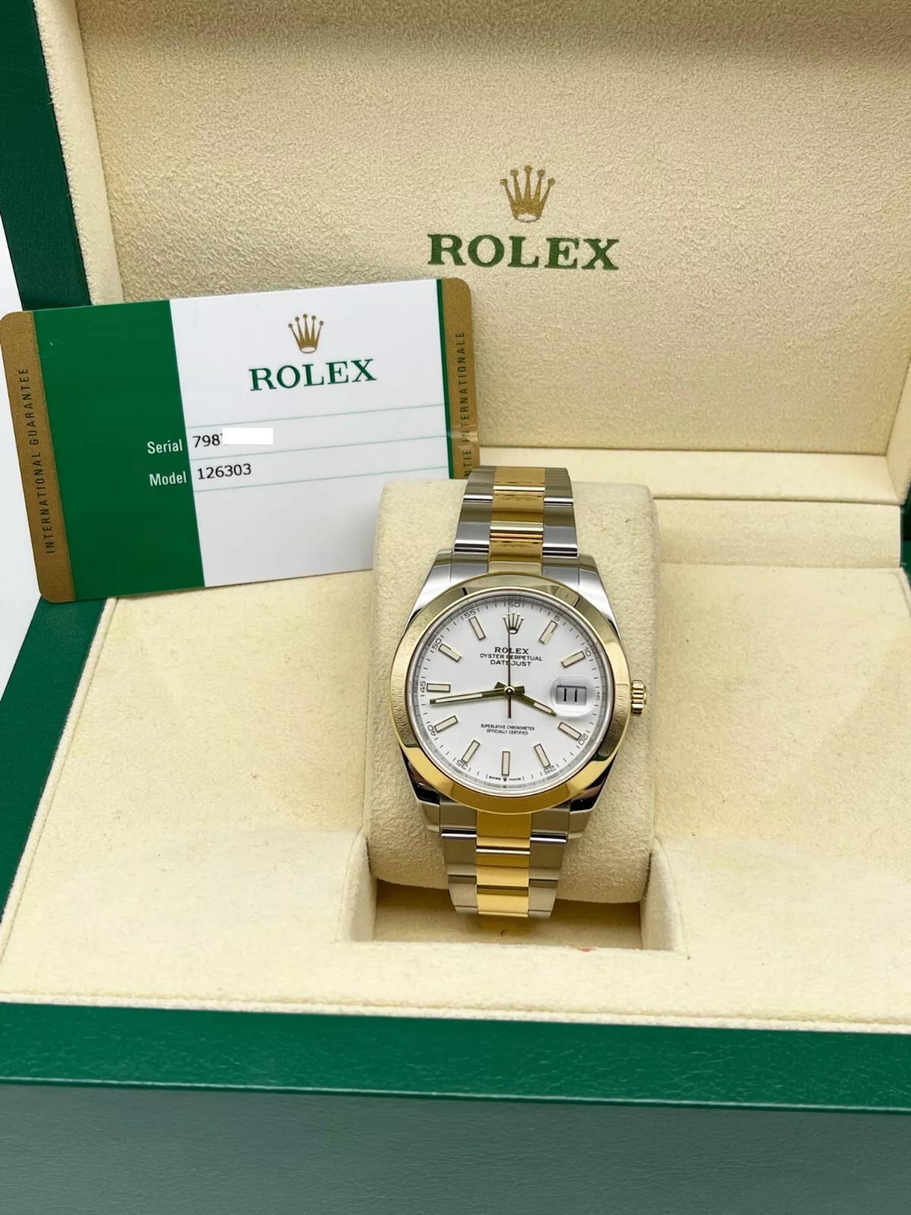 Style Number: 126303
Serial: 798T1***
Year: 2018
Model: Rolex Datejust 41
Case Material: Stainless Steel 
Band: 18k Yellow Gold & Stainless Steel
Bezel: 18K Yellow Gold
Dial: White
Face: Sapphire Crystal
Case Size: 41mm
Includes: 
-Rolex Box and