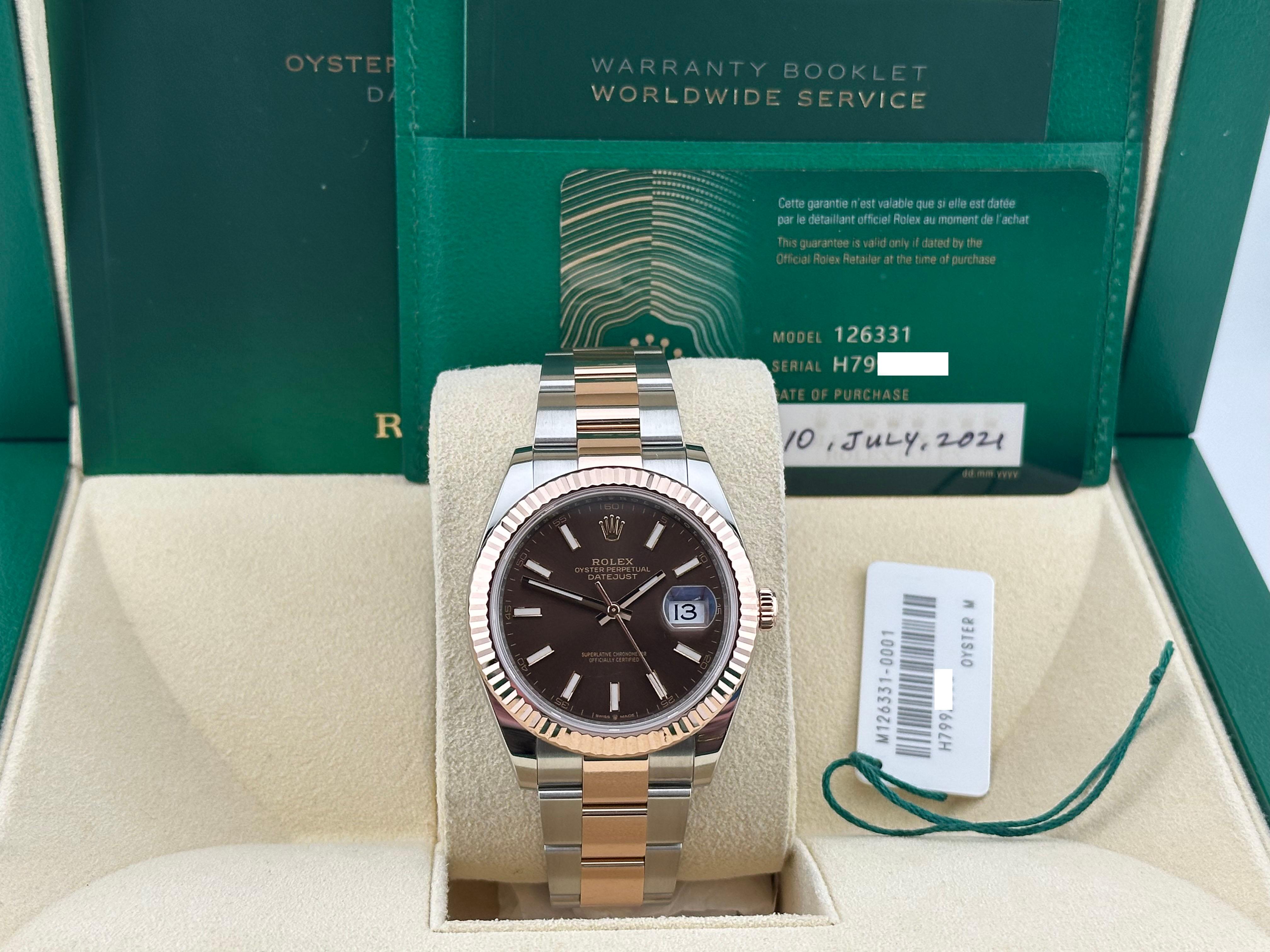 Style Number: 126331



Year: 2021

 

Model: Rolex Datejust 41

 

Case Material: Stainless Steel 

 

Band: 18K Rose Gold & Stainless Steel 

  

Bezel: 18K Rose Gold Fluted Bezel 

  

Dial: Chocolate Dial 

 

Face: Sapphire Crystal 

 

Case