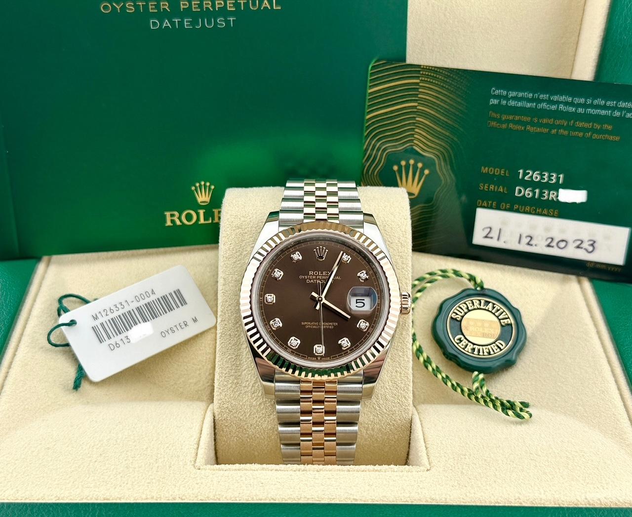 Número de estilo: 126331

De serie: D613R***

Año: 2023

Model No: Rolex Datejust 41

Material de la caja: Acero inoxidable

Pulsera: Jubileo de oro rosa de 18 quilates y acero inoxidable

Bisel: Estriado de oro rosa de 18 quilates

Esfera: Esfera