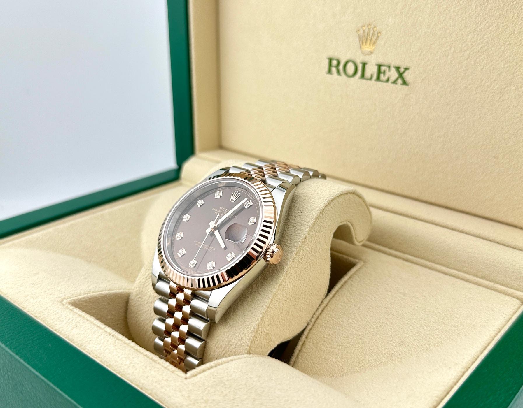 Rolex Datejust 41 126331 Chocolate Esfera Diamante 18K Oro Rosa Acero Caja Papeles Corte redondo en venta