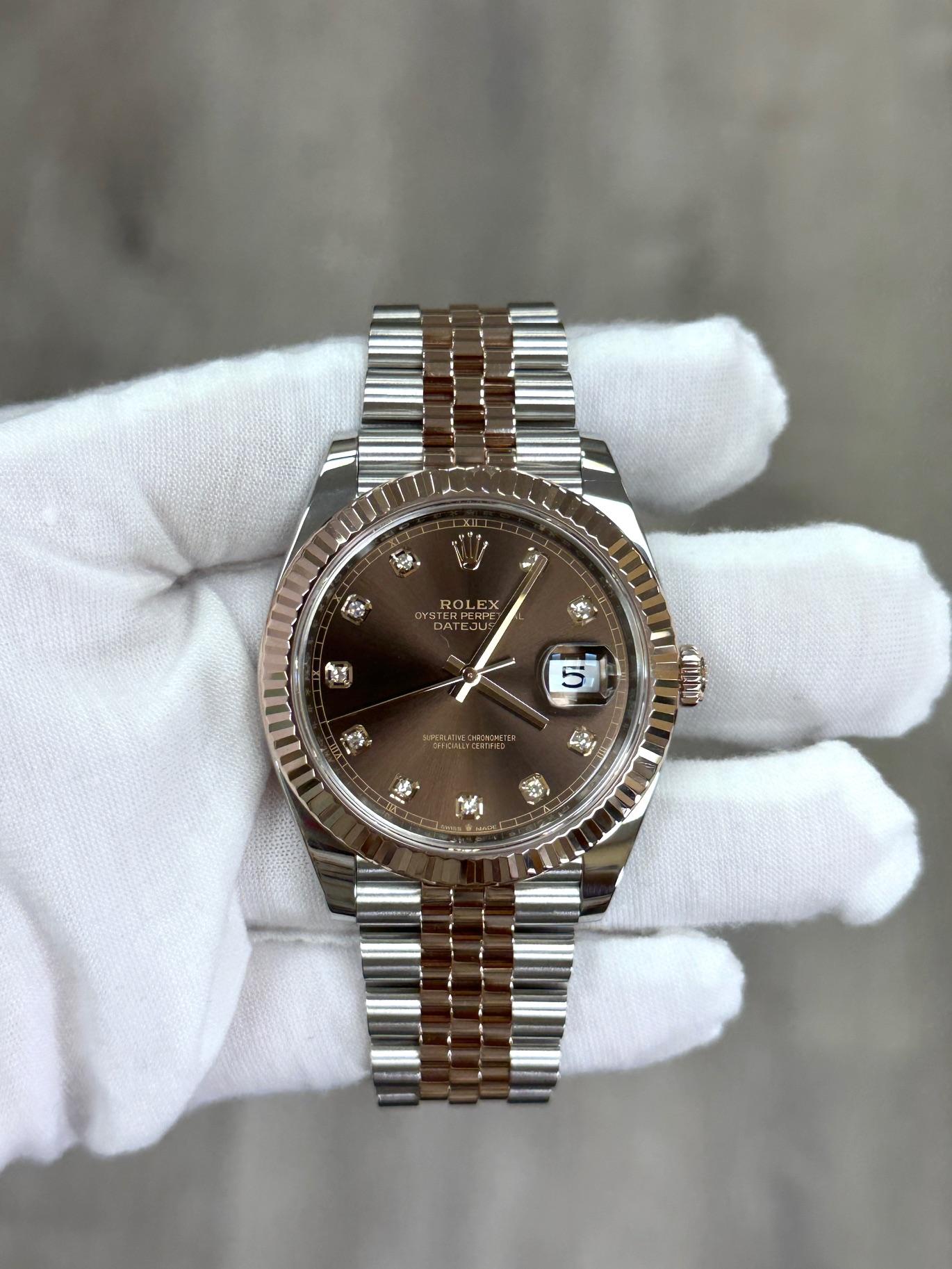 Rolex Datejust 41 126331 Chocolate Esfera Diamante 18K Oro Rosa Acero Caja Papeles en Excelente estado para la venta en San Diego, CA