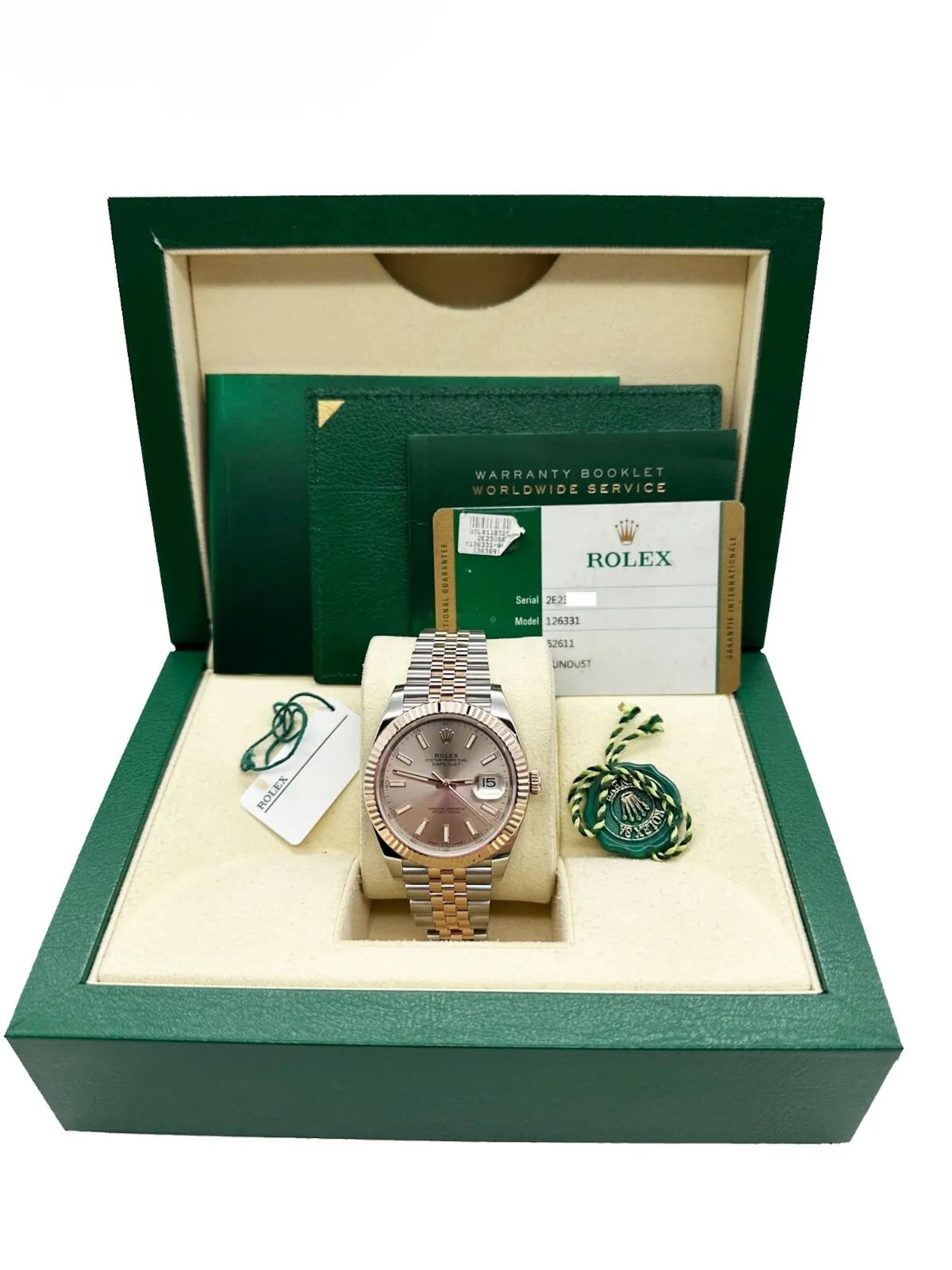 Style Number: 126331
Serial: 2E236***
Year: 2018
Model: Rolex Datejust 41
Case Material: Stainless Steel 
Band: 18K Rose Gold & Stainless Steel 
Bezel: 18K Rose Gold
Dial: Sundust
Face: Sapphire Crystal 
Case Size: 41mm 
Includes: 
-Rolex Box &
