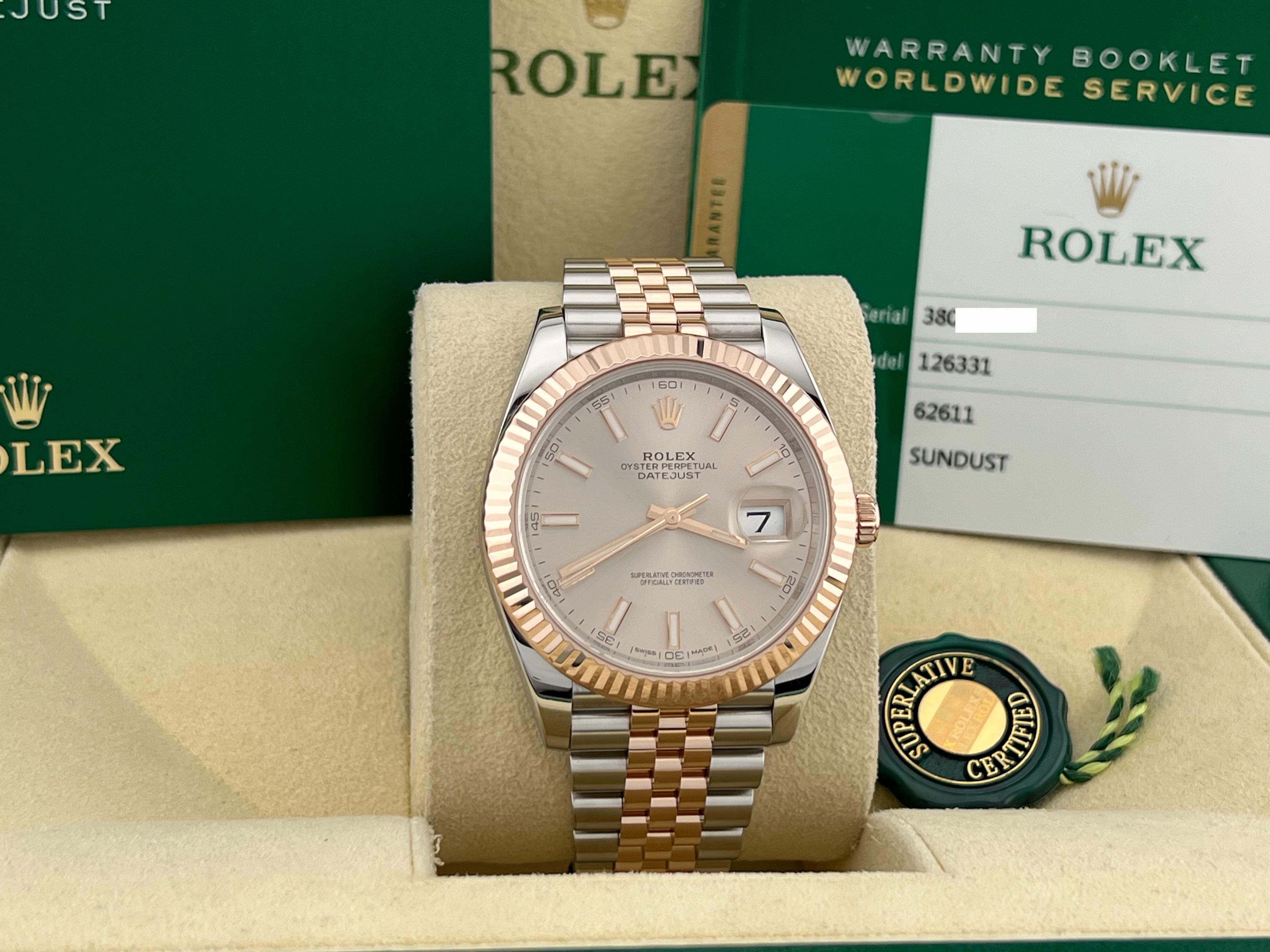Style Number: 126331



Year: 2018

 

Model: Rolex Datejust 41

 

Case Material: Stainless Steel 

 

Band: 18K Rose Gold & Stainless Steel 

  

Bezel: 18K Rose Gold 

  

Dial: Sundust 

 

Face: Sapphire Crystal 

 

Case Size: 41mm


