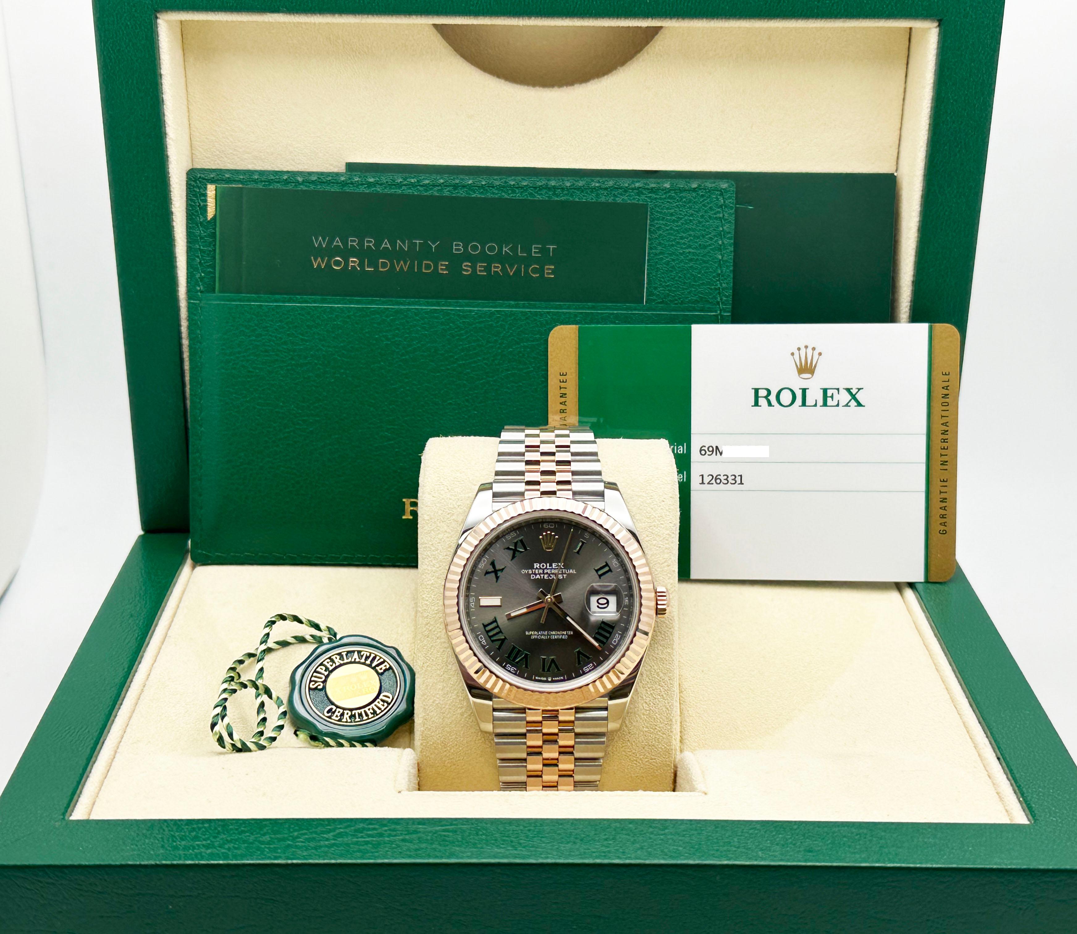 Style Number: 126333


Serial: 69M32***



Year: 2019

 

Model: Rolex Datejust 41

 

Case Material: Stainless Steel 

 

Band: 18K Rose Gold & Stainless Steel 

  

Bezel: 18K Rose Gold Fluted Bezel 

  

Dial: Slate Wimbledon Dial 

 

Face:
