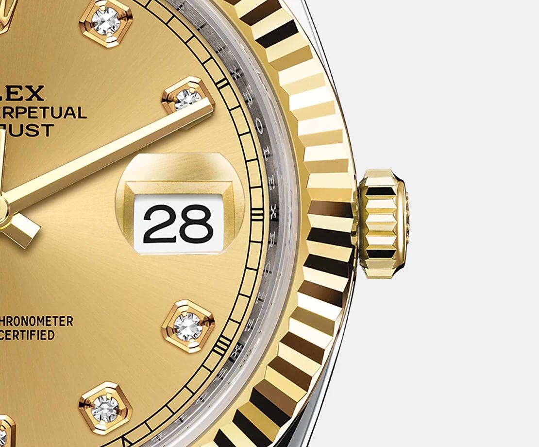 Rolex Datejust 41 watch with polished 18k Yellow Gold and Stainless Steel case, Reference 126333-0011. This model has Champagne-colour dial with a fine sunray. The dial is adorned polished 18k Yellow Gold hands and Hour markers are 10 Diamonds in