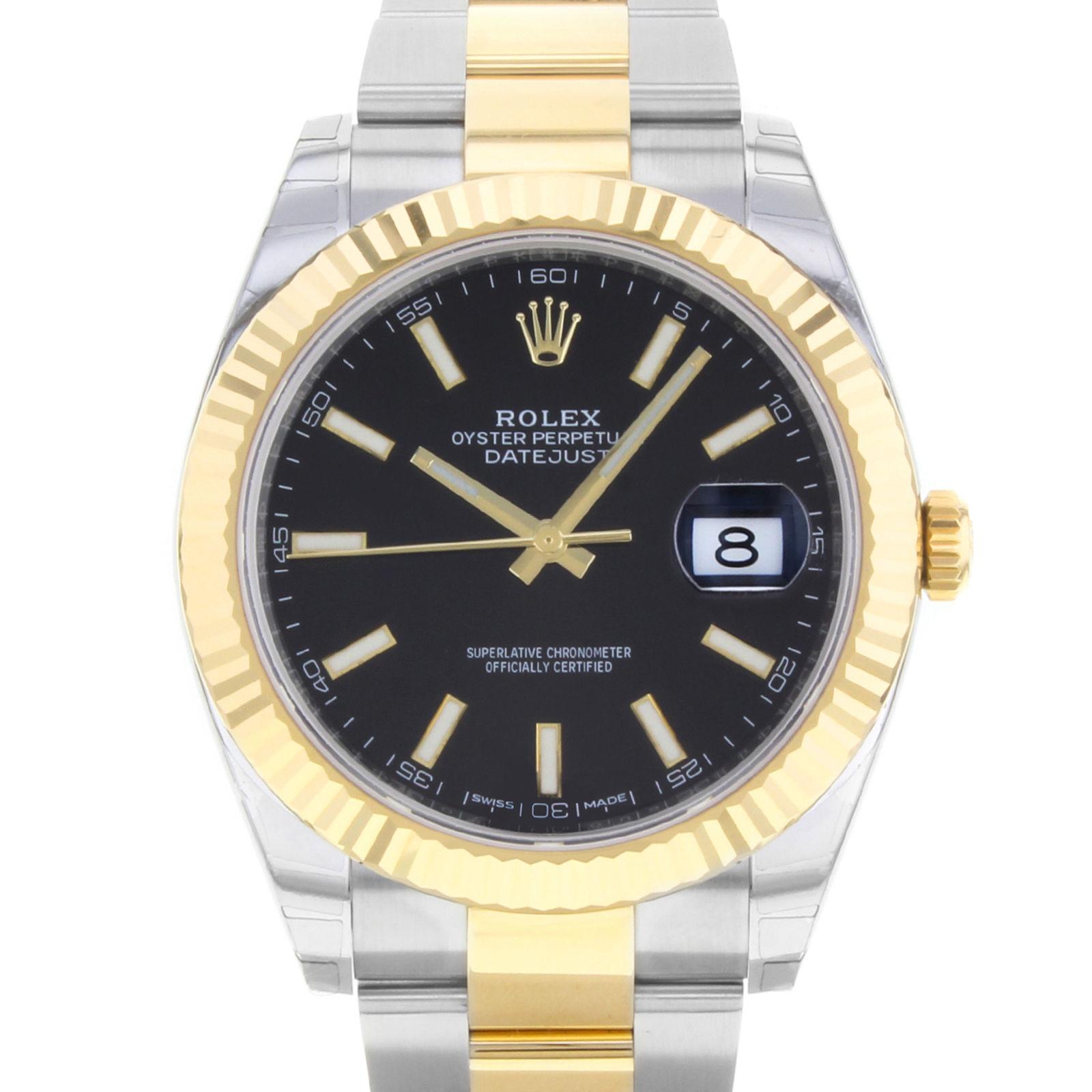 (15818)
This brand new Rolex Datejust 41 126333 bkio is a beautiful men's timepiece that is powered by an automatic movement which is cased in a stainless steel case. It has a round shape face, date dial and has hand sticks style markers. It is