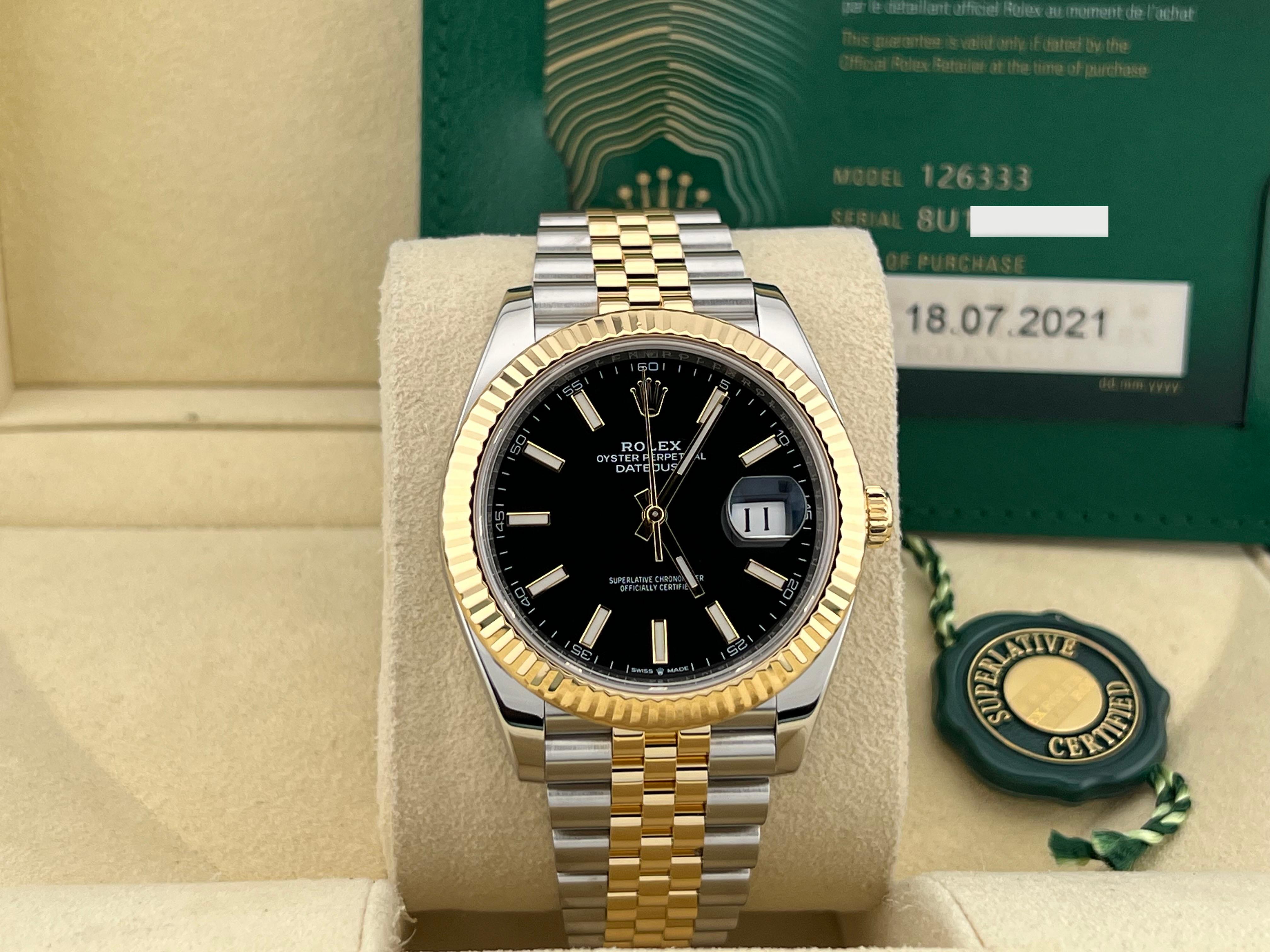 Style Number: 126333



Year: 2021

 

Model: Rolex Datejust 41

 

Case Material: Stainless Steel 

 

Band: 18K Yellow Gold & Stainless Steel

  

Bezel: 18K Yellow Gold Fluted Bezel

  

Dial: Black Dial 

 

Face: Sapphire Crystal 

 

Case