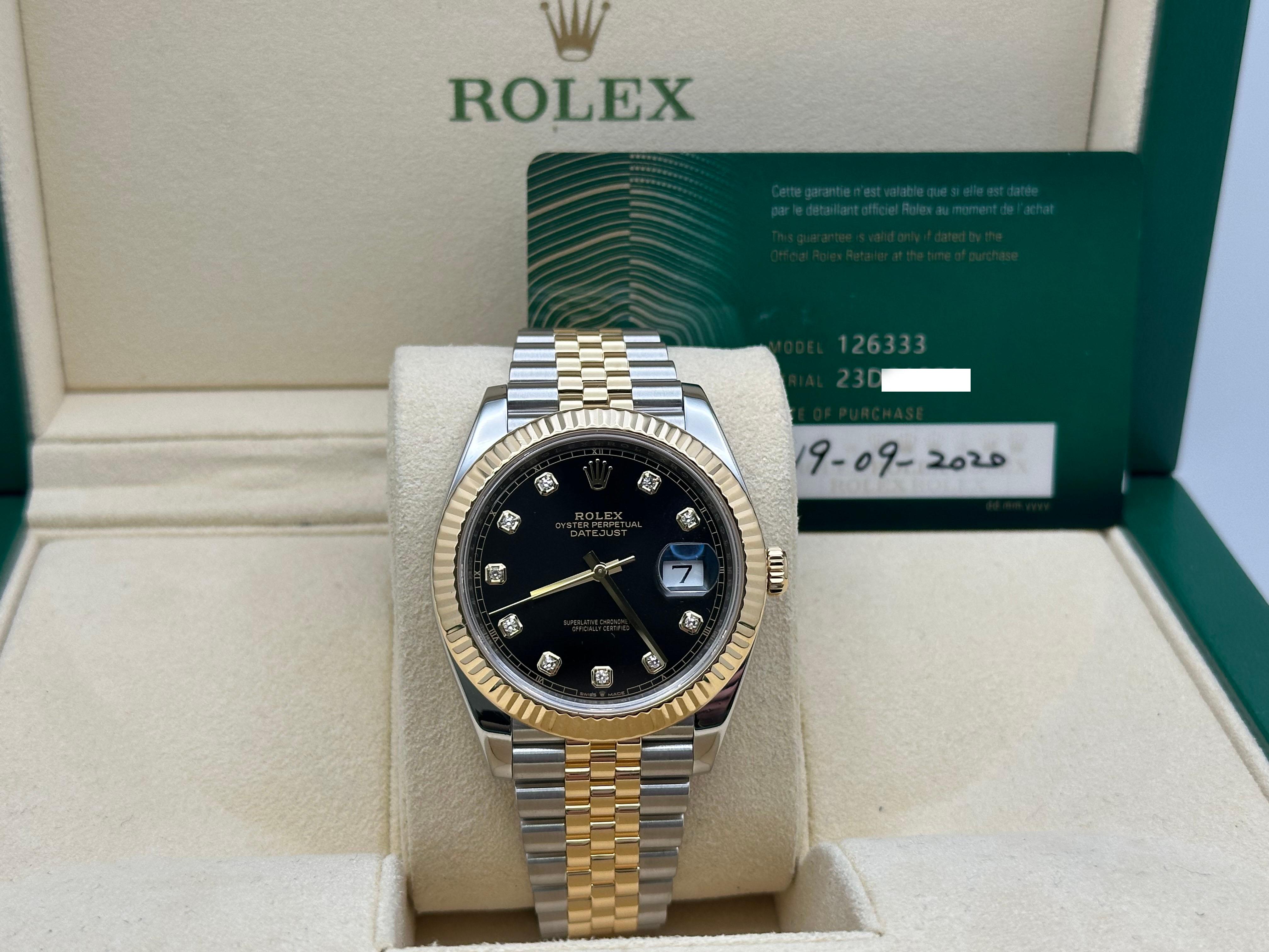 Rolex Datejust 41 126333 Black Diamond Dial 18K Yellow Gold Steel Box Paper en vente 4