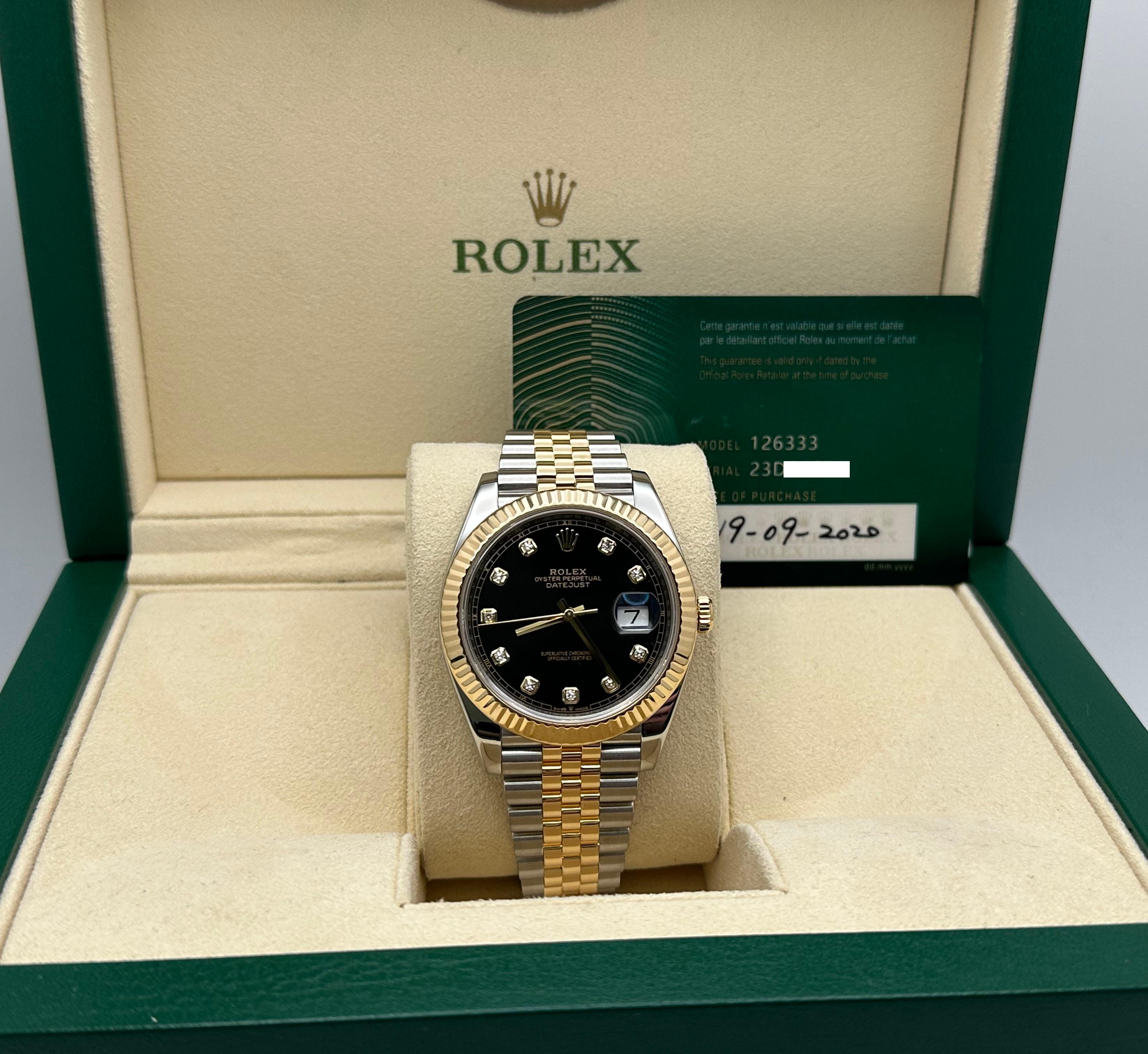 Rolex Datejust 41 126333 Black Diamond Dial 18K Yellow Gold Steel Box Paper en vente 5