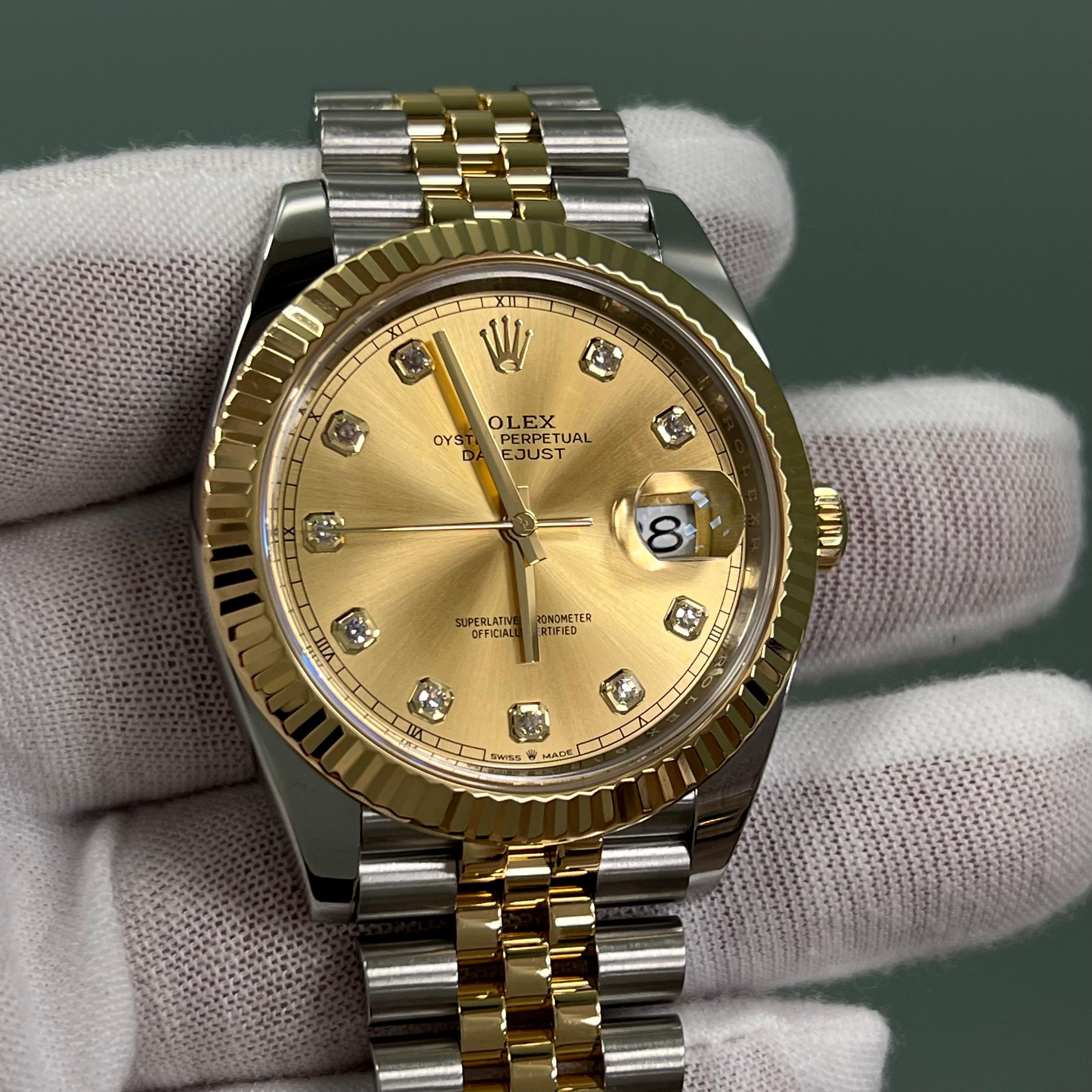 Rolex Datejust 41 126333 Champagne Diamond Dial 18K Yellow Gold Steel Box Paper For Sale 7