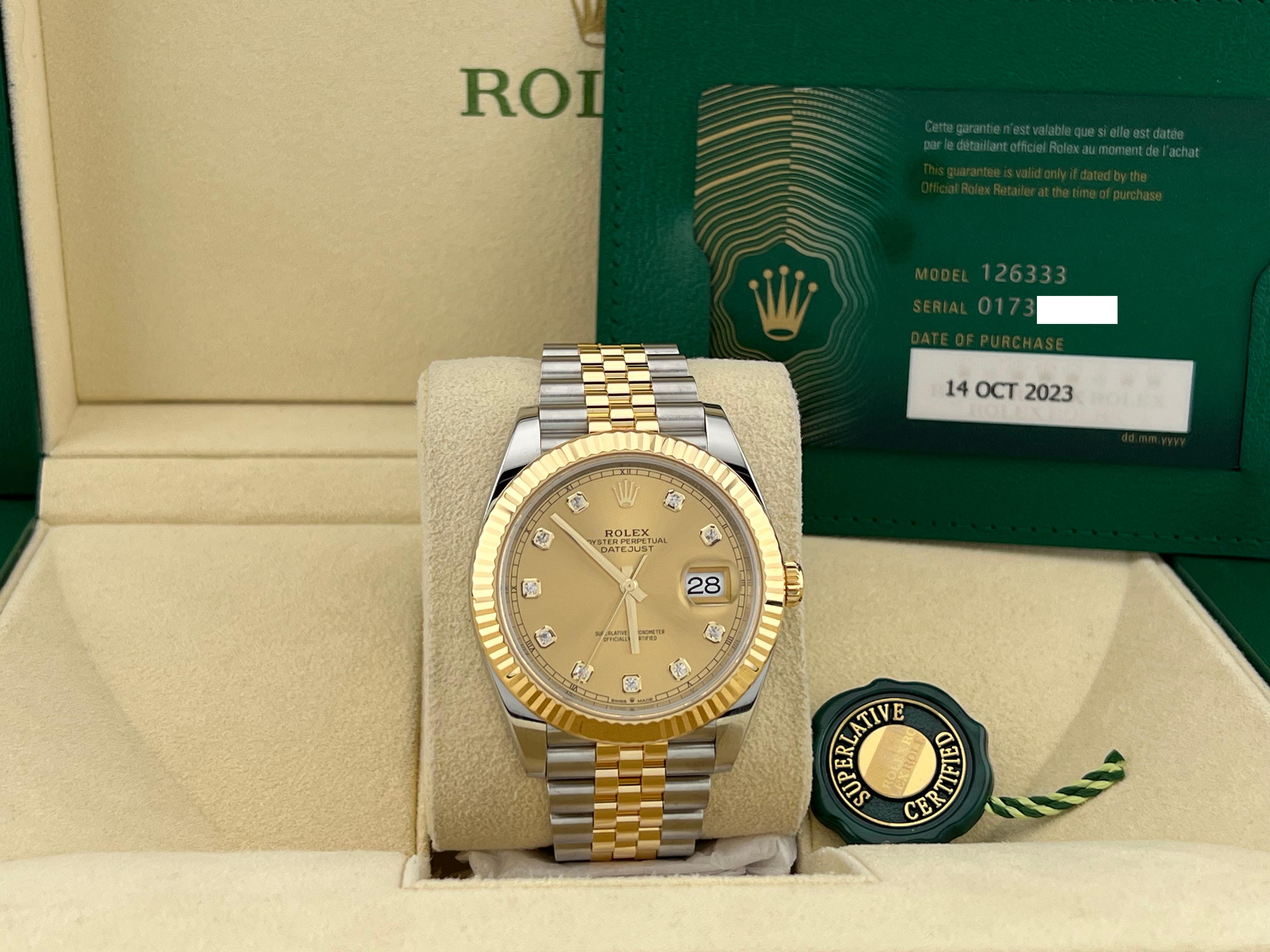 Style Number: 126333



Year: 2023

 

Model: Rolex Datejust 41

 

Case Material: Stainless Steel 

 

Band: 18K Yellow Gold & Stainless Steel 

  

Bezel: 18K Yellow Gold Bezel 

  

Dial: Champagne Diamond Dial 

 

Face: Sapphire Crystal 

