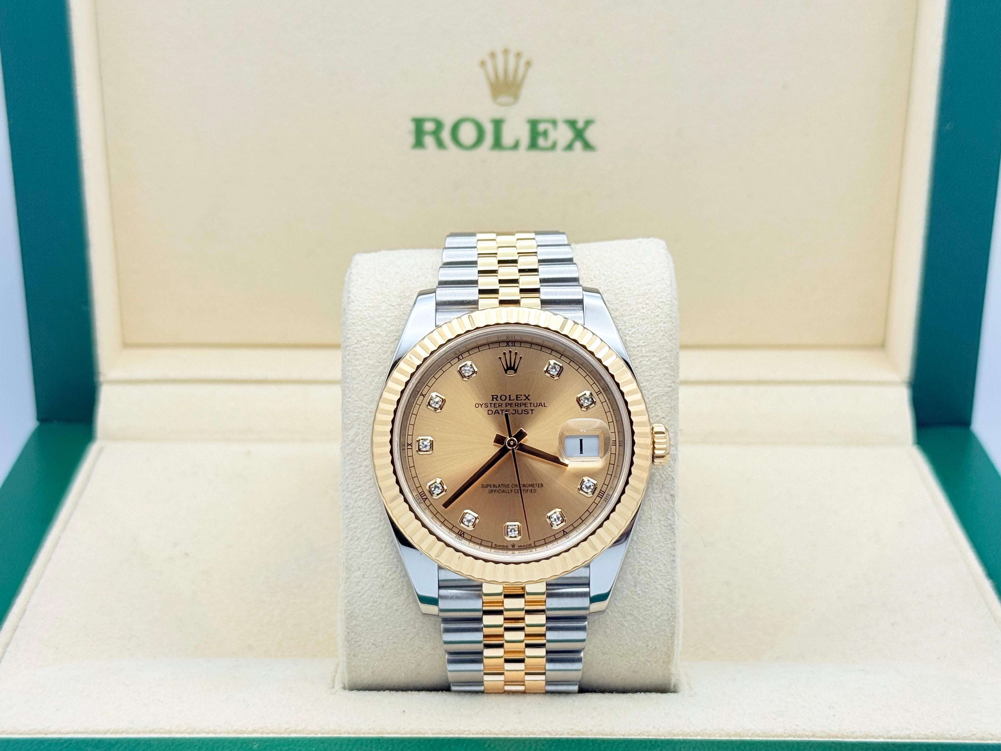 Rolex Datejust 41 126333 Champagne Diamond Dial 18K Yellow Gold Steel Box Paper In Excellent Condition For Sale In San Diego, CA