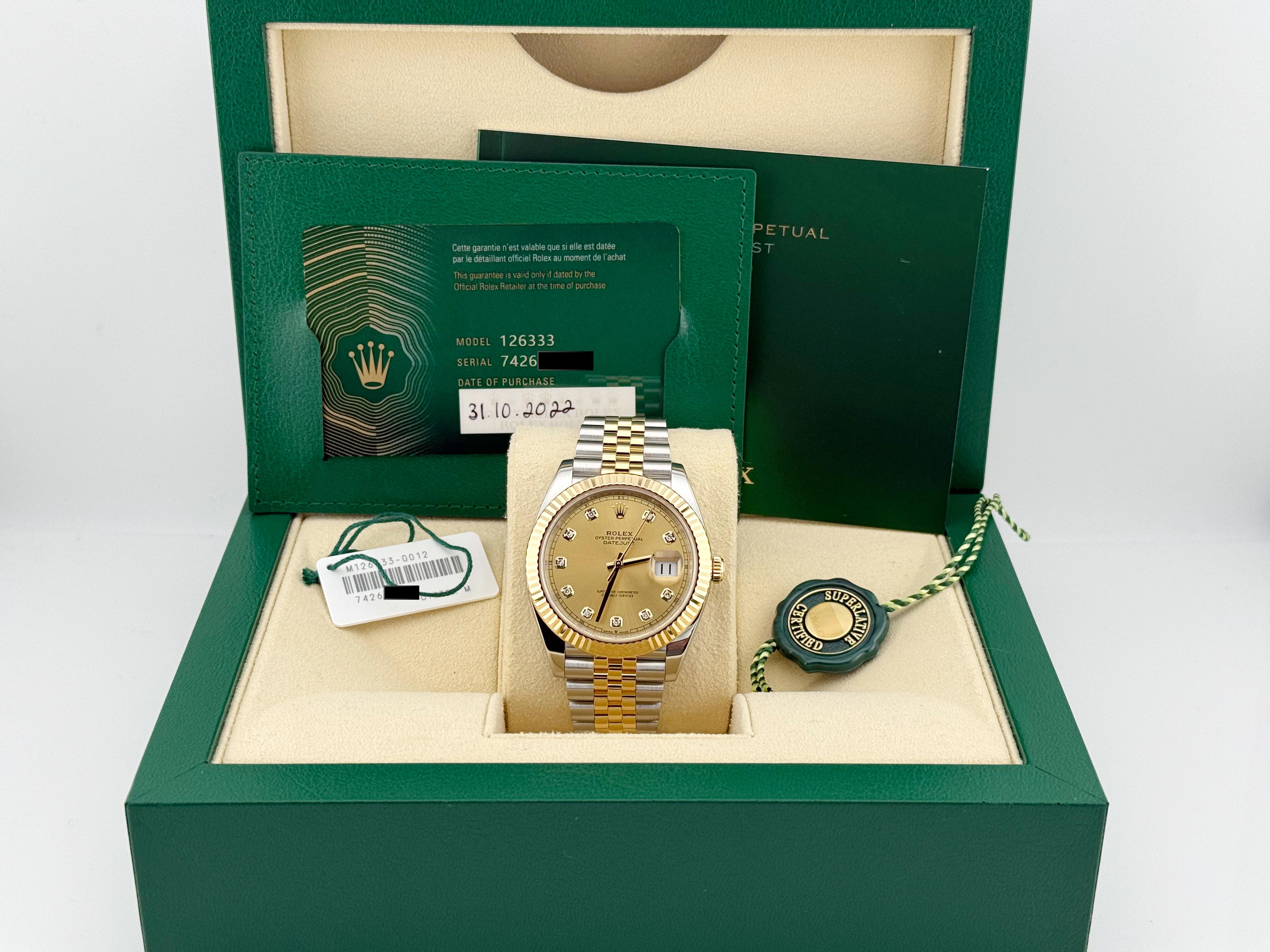 Rolex Datejust 41 126333 Champagne Diamond Dial Steel 18K Yellow Gold 2022 In Excellent Condition For Sale In San Diego, CA