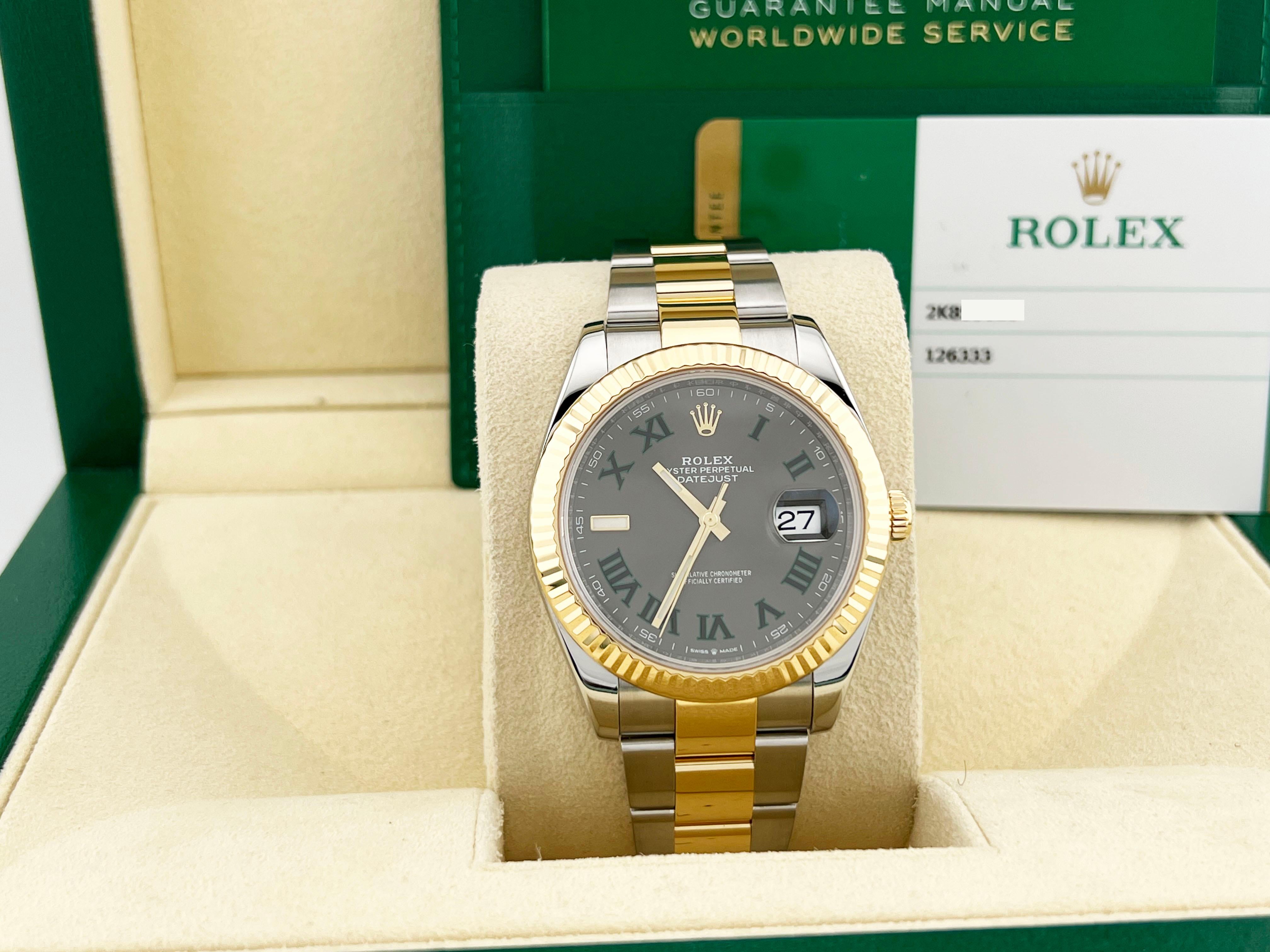 Style Number: 126333

Serial: 2K853***

Year: 2019

Model: Rolex Datejust 41

Case Material: Stainless Steel 

Band: 18K Yellow Gold & Stainless Steel 

Bezel: 18K Yellow Gold 

Dial: Wimbledon 

Face: Sapphire Crystal 

Case Size: 41mm