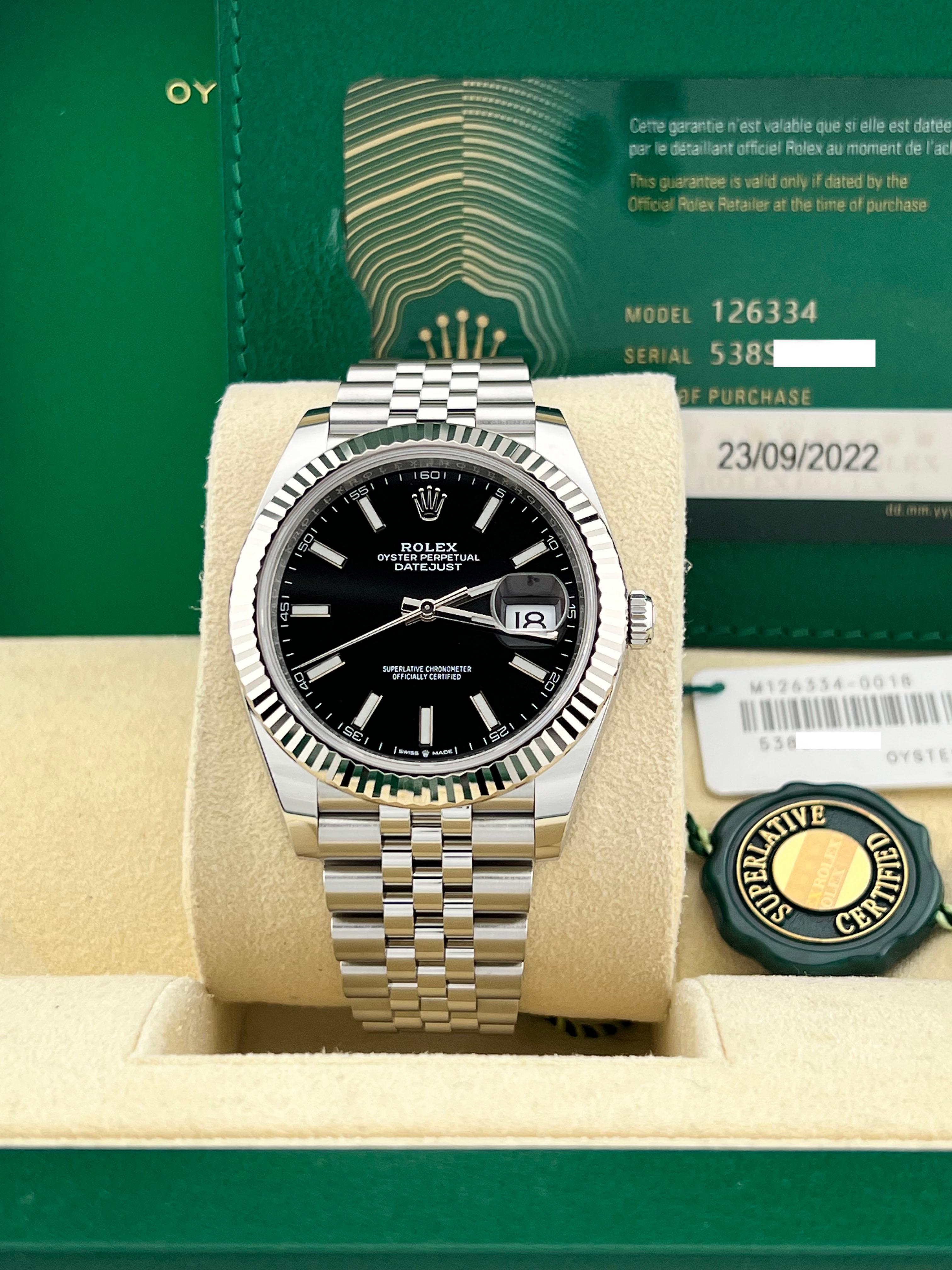 Rolex Datejust 41 126334 Black Dial Steel 18K White Gold Jubilee Box Paper 2022 Excellent état à San Diego, CA