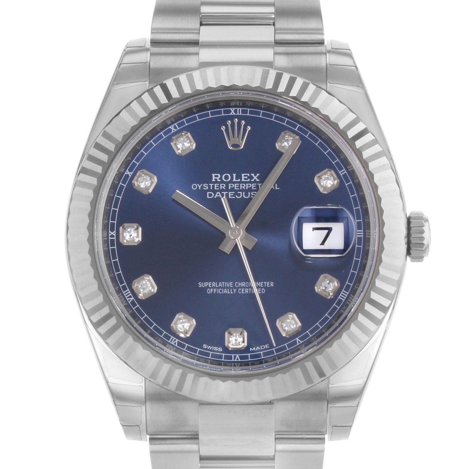 (16863)
This brand new Rolex Datejust 41 126334 is a beautiful men's timepiece that is powered by an automatic movement which is cased in a stainless steel case. It has a round shape face, date, diamonds dial and has hand diamonds style markers. It