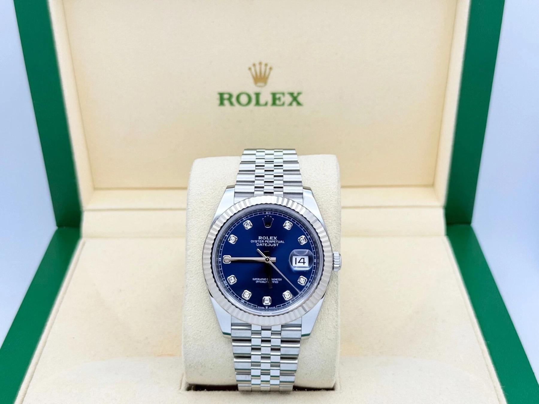 Style Number: 126334



Serial: U4Y26***



Year: 2021

 

Model: Rolex Datejust 41 

 

Case Material: Stainless Steel 

 

Band: Stainless Steel 

  

Bezel: 18K White Gold Fluted Bezel 

  

Dial: Original Blue Diamond Dial 

 

Face: Sapphire