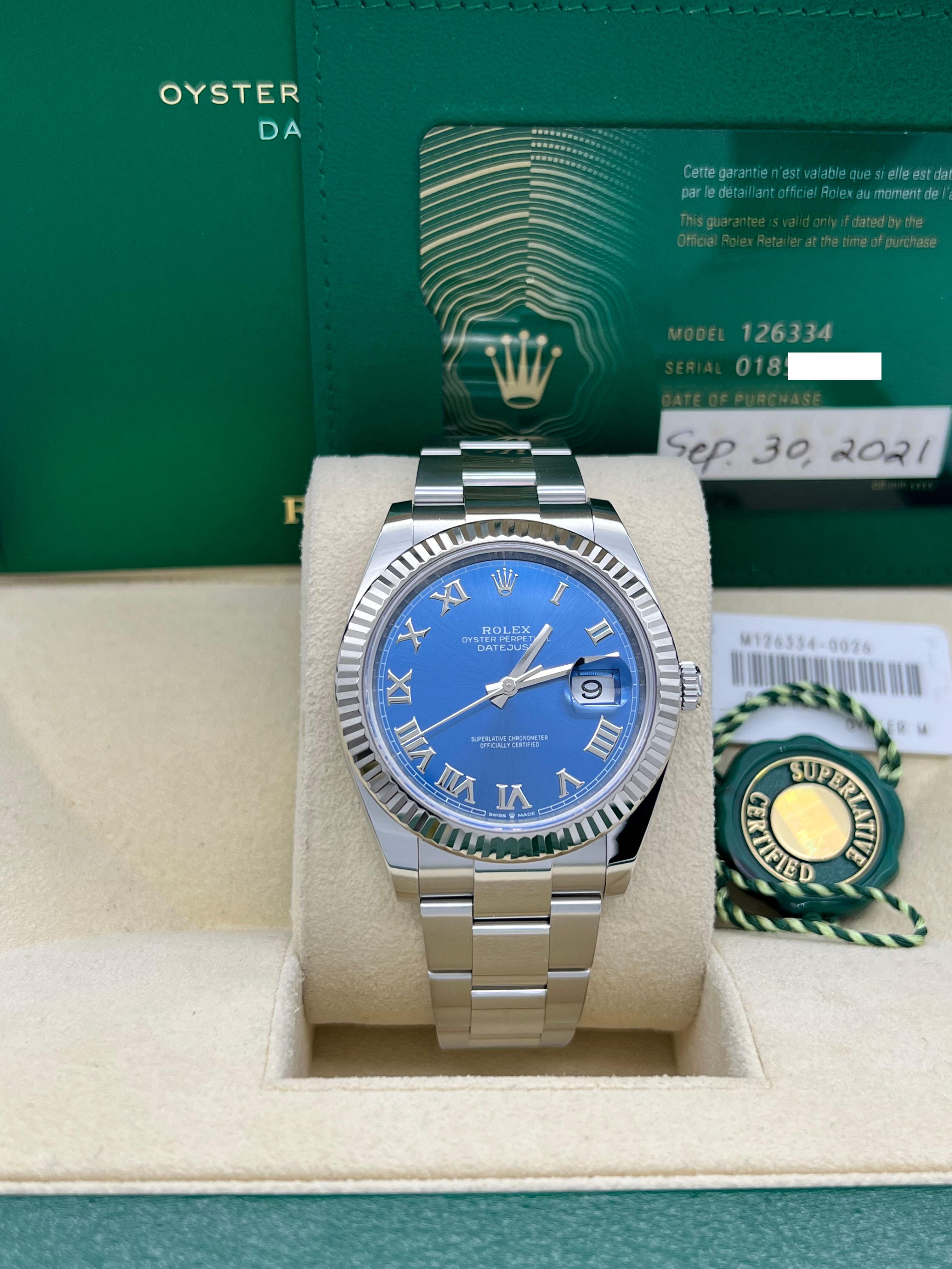 Rolex Datejust 41 126334 Blue Roman Dial Stainless Steel 18K Gold Box Paper 2021 For Sale 7