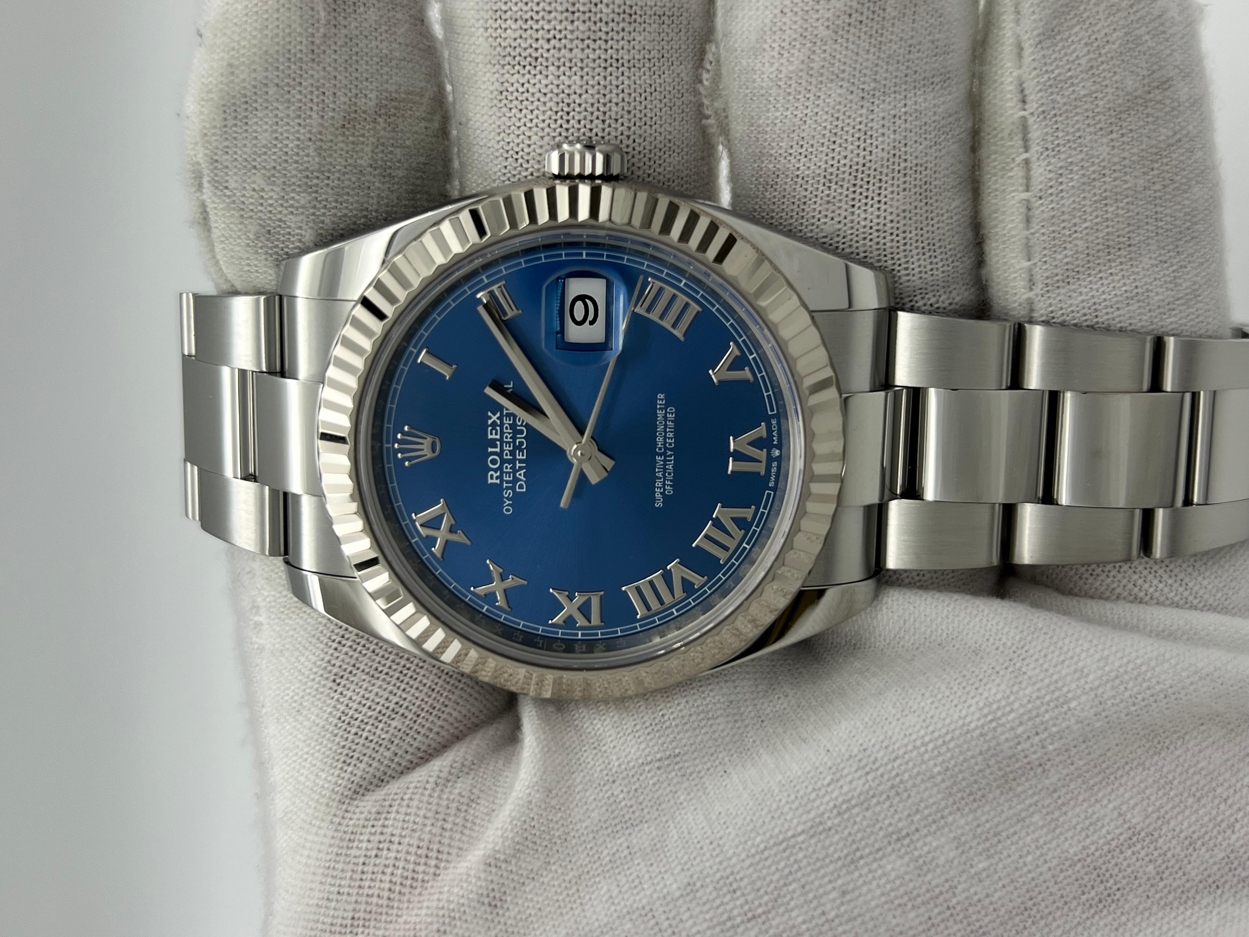 Rolex Datejust 41 126334 Blue Roman Dial Stainless Steel 18K Gold Box Paper 2021 In Excellent Condition For Sale In San Diego, CA
