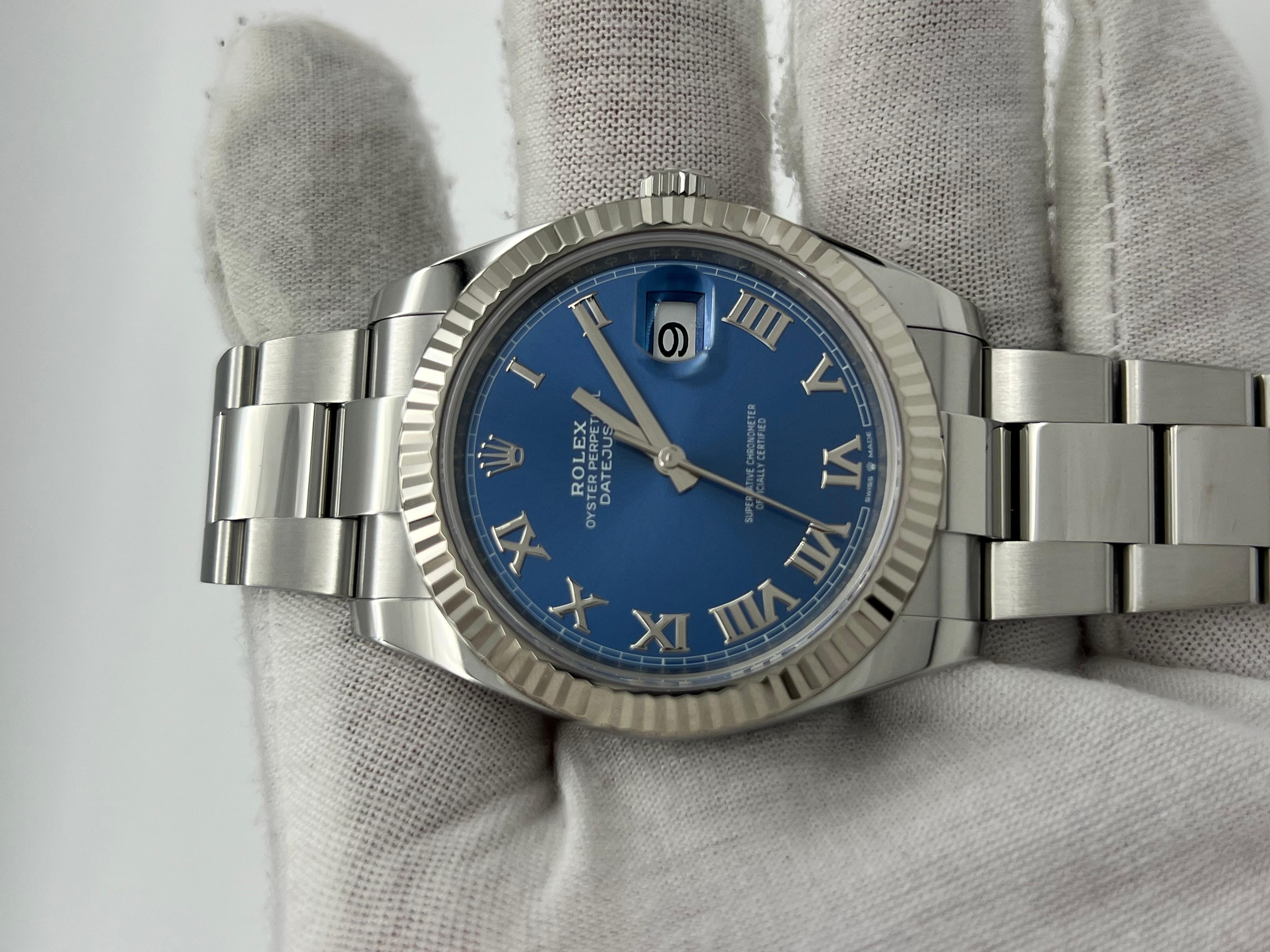Men's Rolex Datejust 41 126334 Blue Roman Dial Stainless Steel 18K Gold Box Paper 2021 For Sale