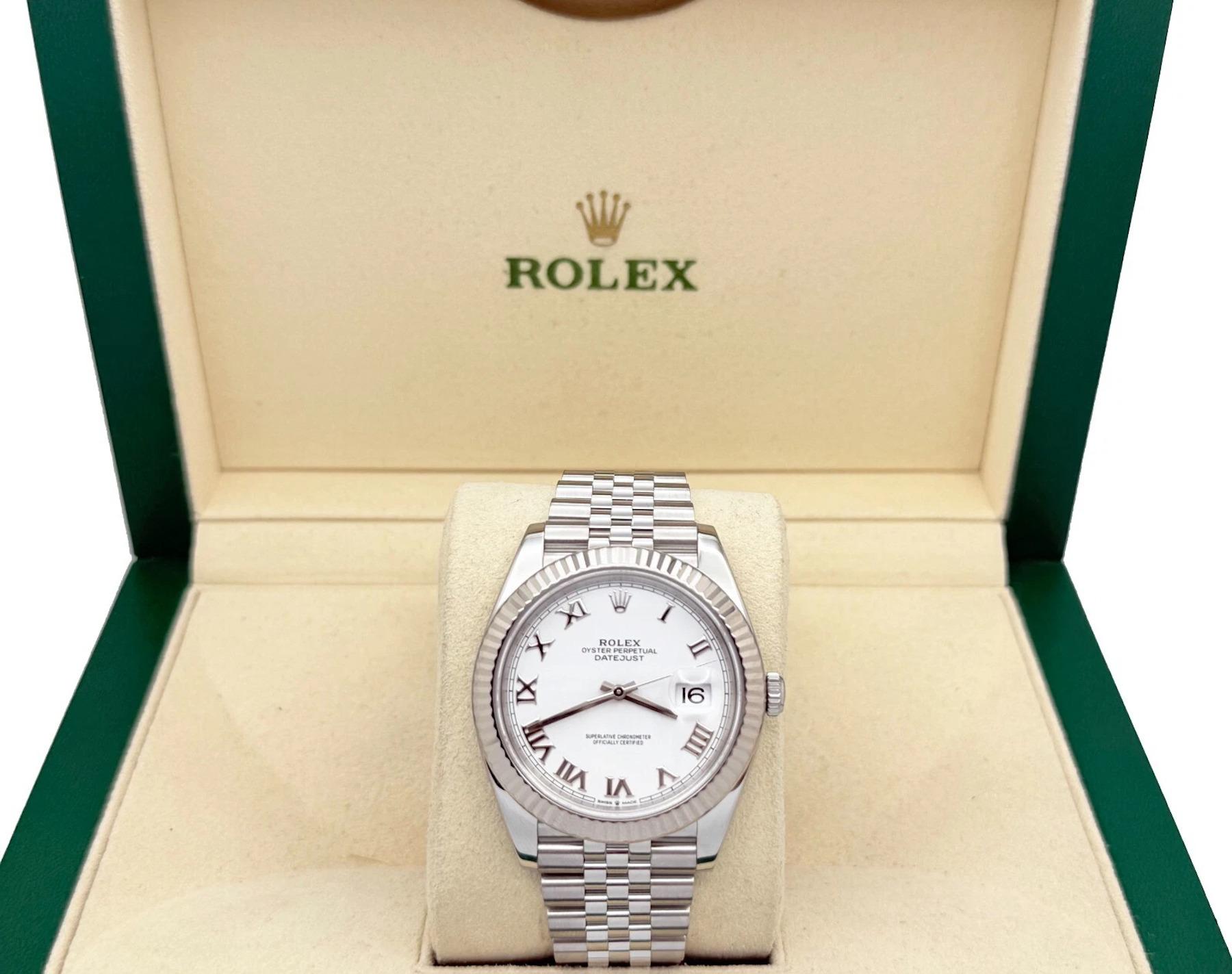 Style Number: 126334



Serial: 91656***



Year: 2020-Now

 

Model: Rolex Datejust 41

 

Case Material: Stainless Steel 

 

Band: Stainless Steel 

  

Bezel: 18K White Gold Fluted Bezel 

  

Dial: White Roman Dial 

 

Face: Sapphire Crystal