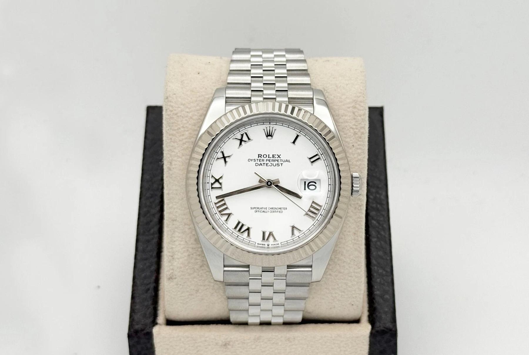 Rolex Datejust 41 126334 White Roman Dial 18K Gold Stainless Steel Box Booklet In Excellent Condition For Sale In San Diego, CA