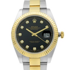 Rolex Datejust 41 18k Gold Steel Black Diamond Dial Automatic Men's Watch 126333