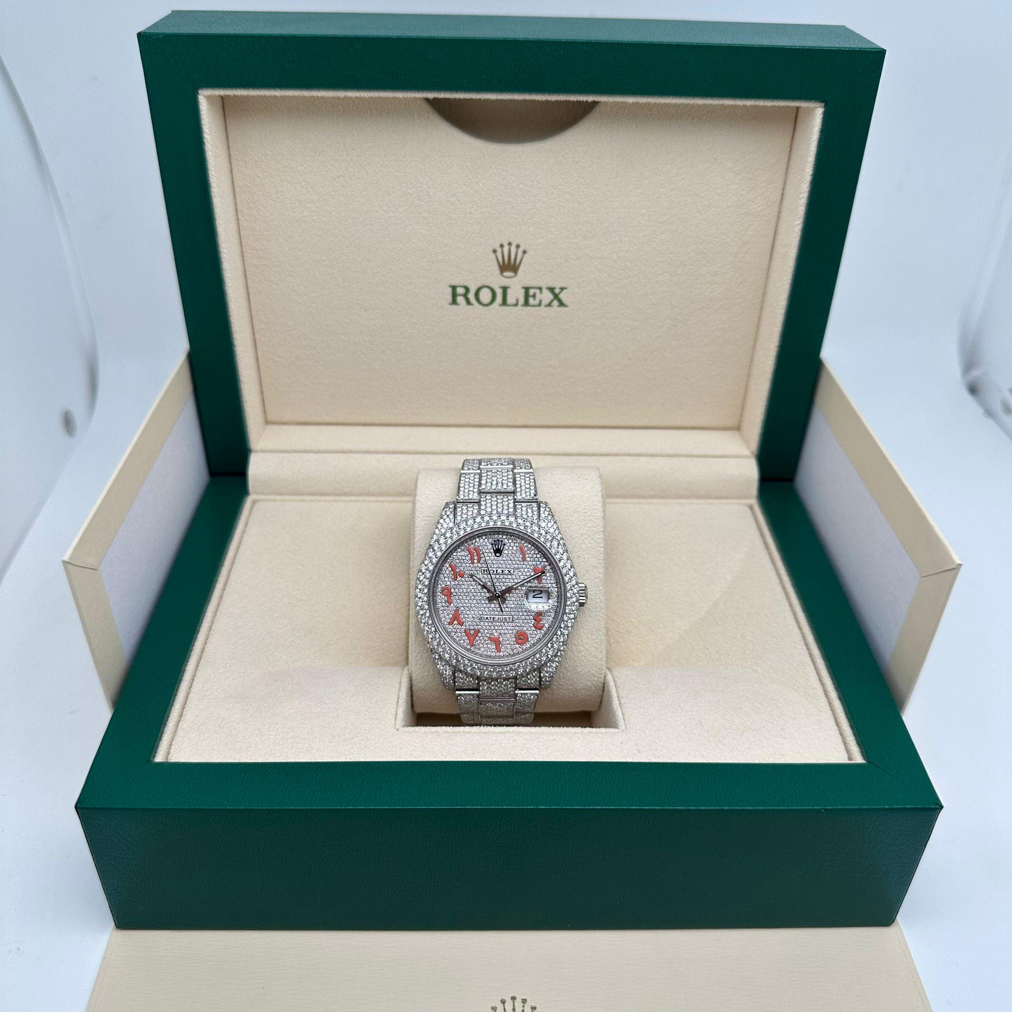 Custom diamonds totaling approximately 20.08cttw  Color: G-H  Clarity: VS-SI. Covered by a 3-year warranty.


General Information
Brand: Rolex
Model Number: 126300
Model: Rolex Datejust 126300
Type: Wristwatch
Department: Men
Style: Luxury
Vintage: