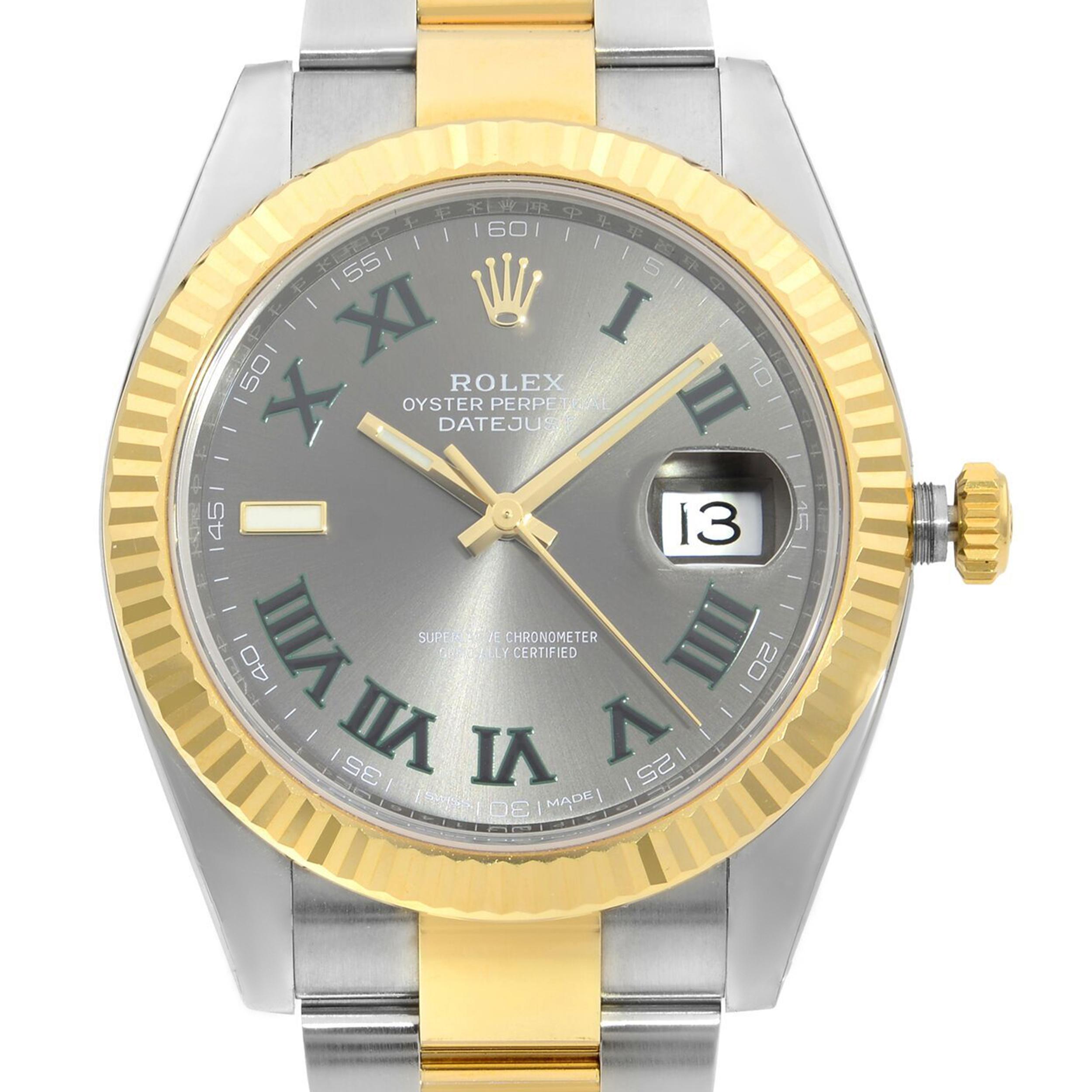 This pre-owned Rolex Datejust 41 126333 is a beautiful men's timepiece that is powered by mechanical (automatic) movement which is cased in a stainless steel case. It has a round shape face, date indicator dial and has hand roman numerals style