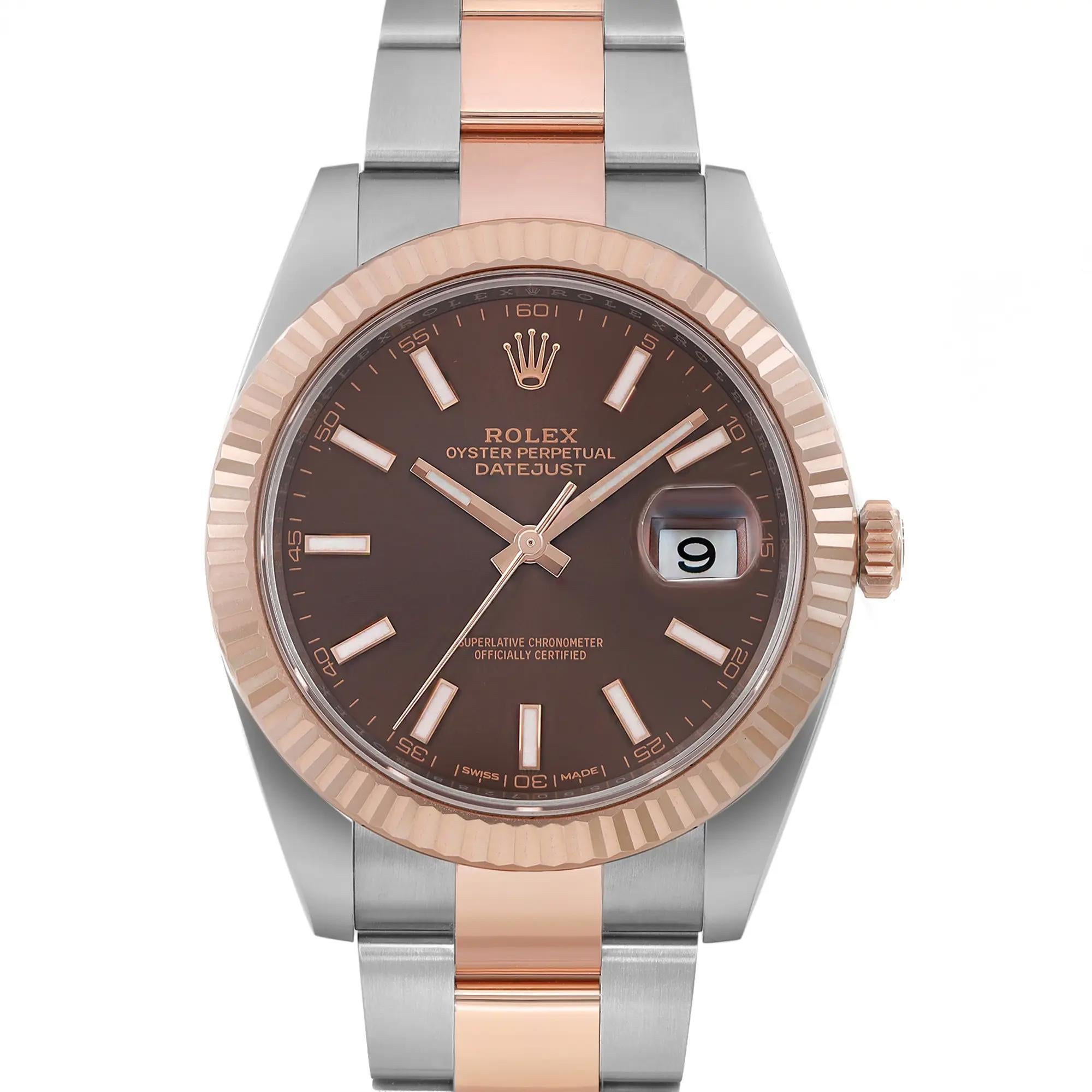 Rolex Datejust 41 18K Rose Gold Steel Chocolate Dial Mens Oyster Watch 126331 In Excellent Condition For Sale In New York, NY