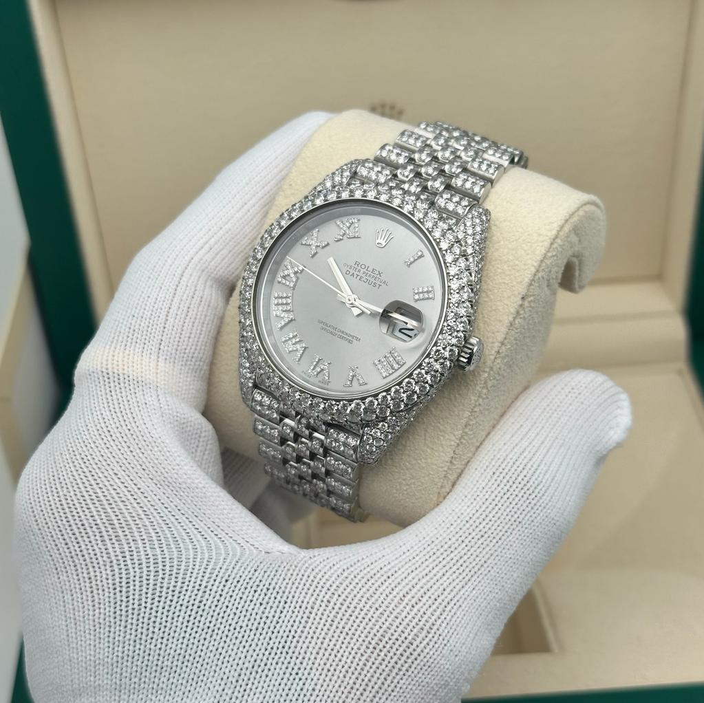 Rolex Montre Datejust 41 en acier 18 carats personnalisée avec 14,39 carats de diamants entièrement décapée 126300 en vente 1