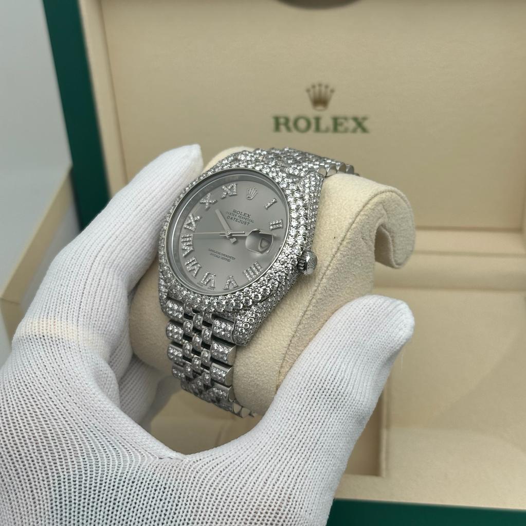 Rolex Datejust 41 18K Steel Custom 14.39cttw Diamond Fully Iced Out Watch 126300 In Good Condition For Sale In New York, NY