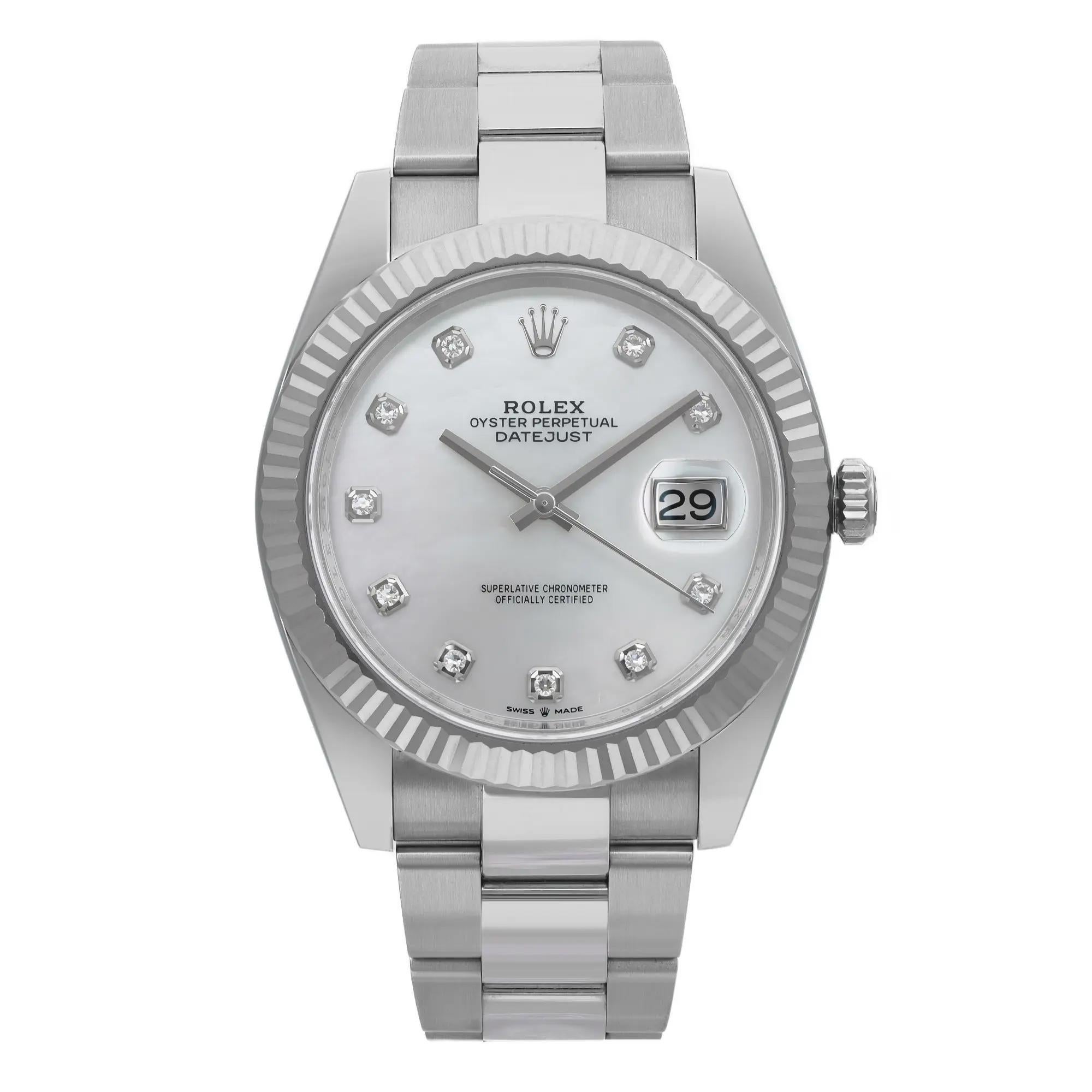 Rolex Datejust 41 18K White Gold Steel MOP Diamond Dial Mens Watch 126334