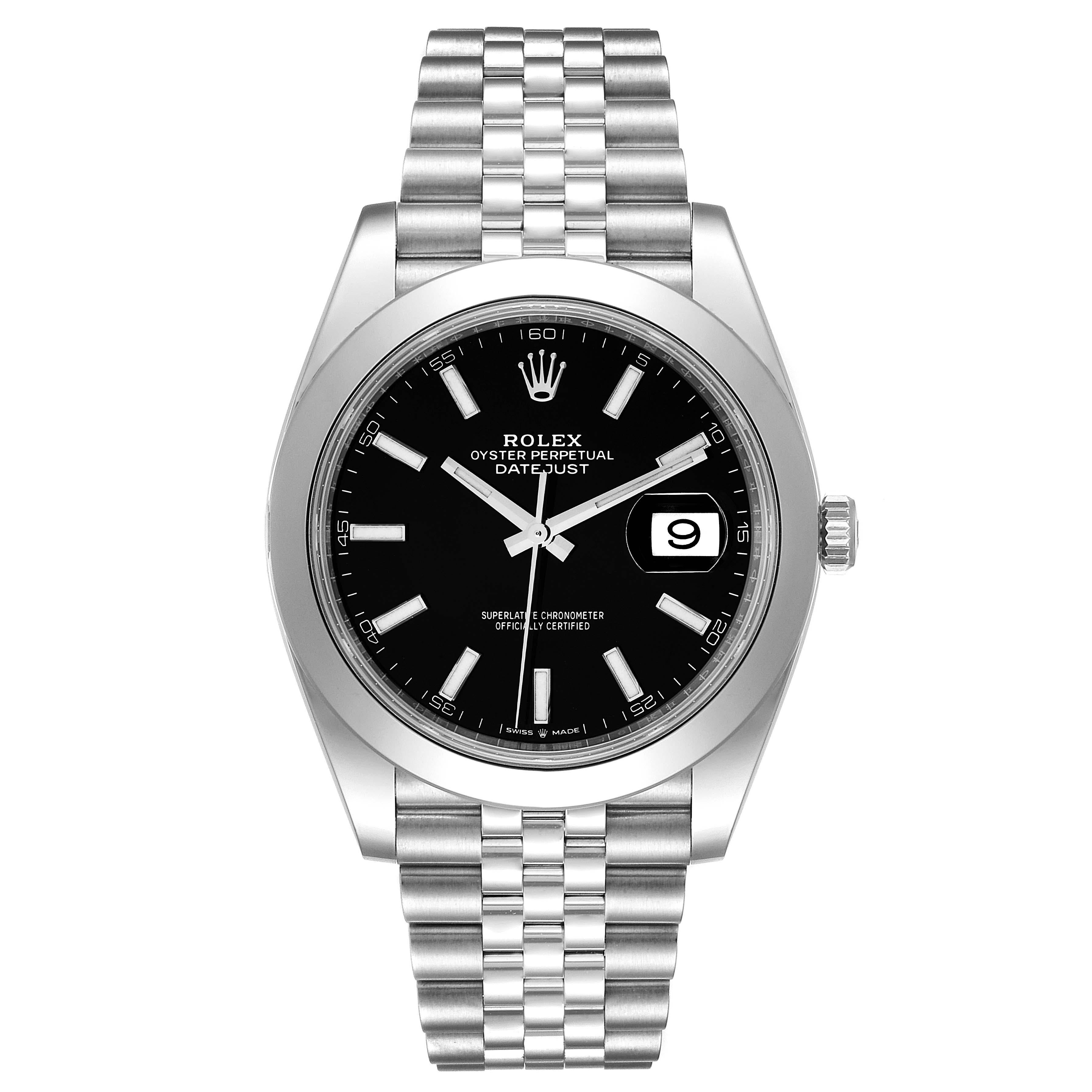 Rolex Datejust 41 Black Dial Steel Mens Watch 126300 Box Card. Officially certified chronometer automatic self-winding movement. Stainless steel case 41 mm in diameter. Rolex logo on a crown. White gold fluted bezel. Scratch resistant sapphire