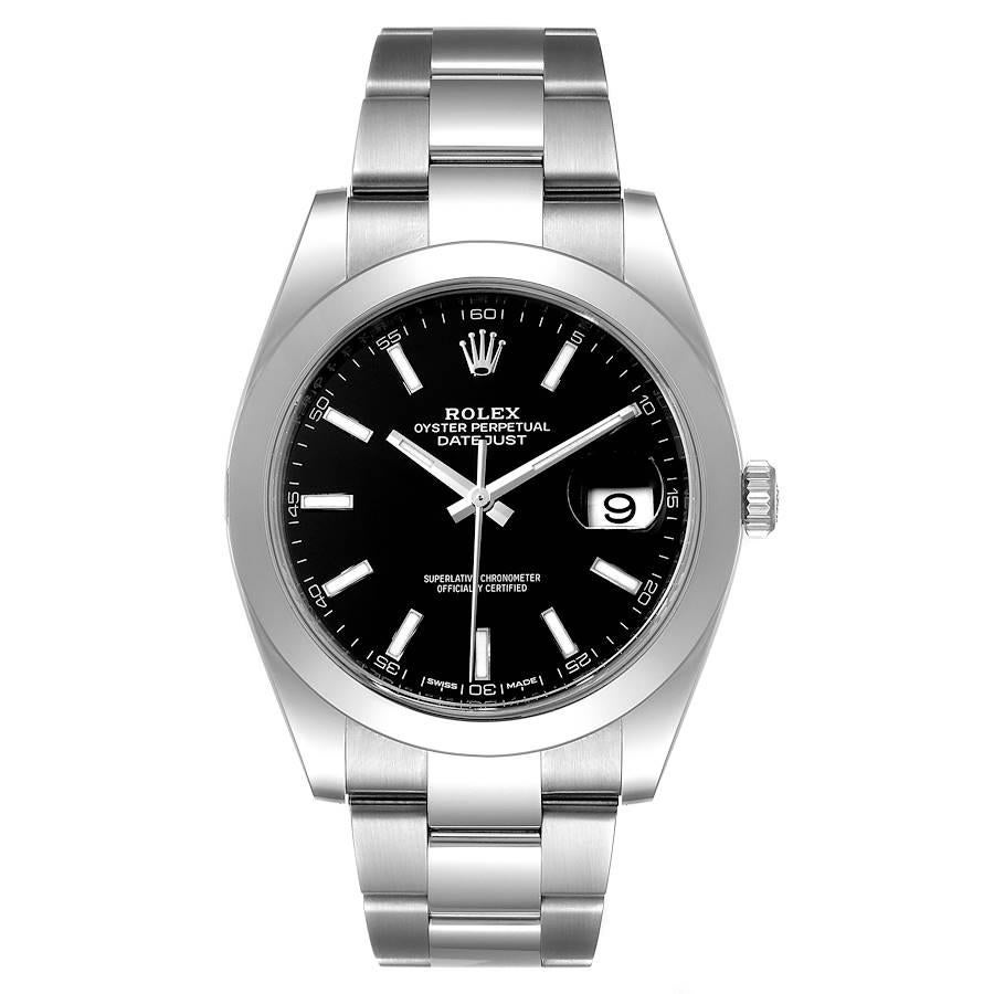 Rolex Datejust 41 Black Dial Steel Mens Watch 126300 Box Card. Officially certified chronometer automatic self-winding movement with quickset date. Stainless steel case 41 mm in diameter. Rolex logo on a crown. Stainless steel smooth domed bezel.