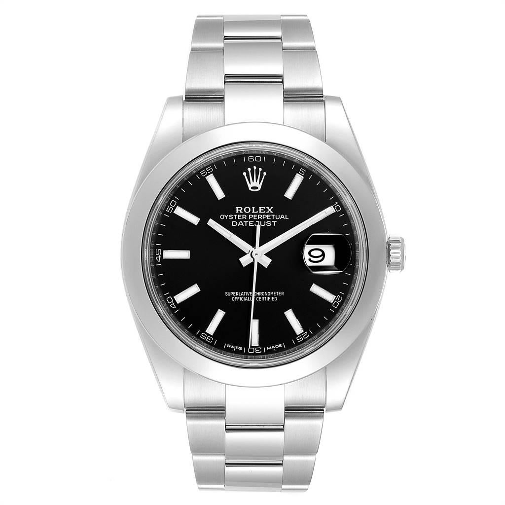Rolex Datejust 41 Black Dial Steel Mens Watch 126300 Box Card. Officially certified chronometer automatic self-winding movement with quickset date. Stainless steel case 41 mm in diameter. Rolex logo on a crown. Stainless steel smooth domed bezel.