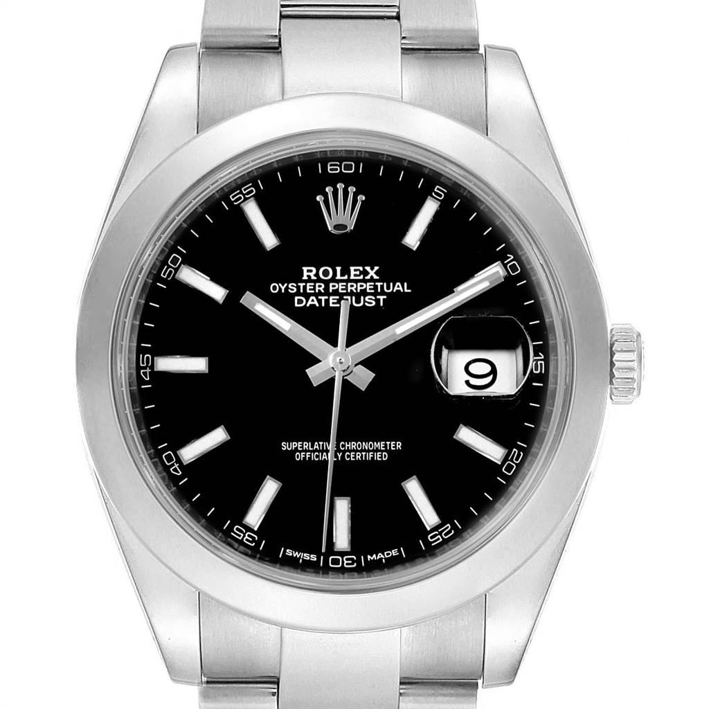 Rolex Datejust 41 Black Dial Steel Mens Watch 126300 Box Card. Officially certified chronometer automatic self-winding movement. Stainless steel case 41 mm in diameter. Rolex logo on a crown. Stainless steel smooth domed bezel. Scratch resistant