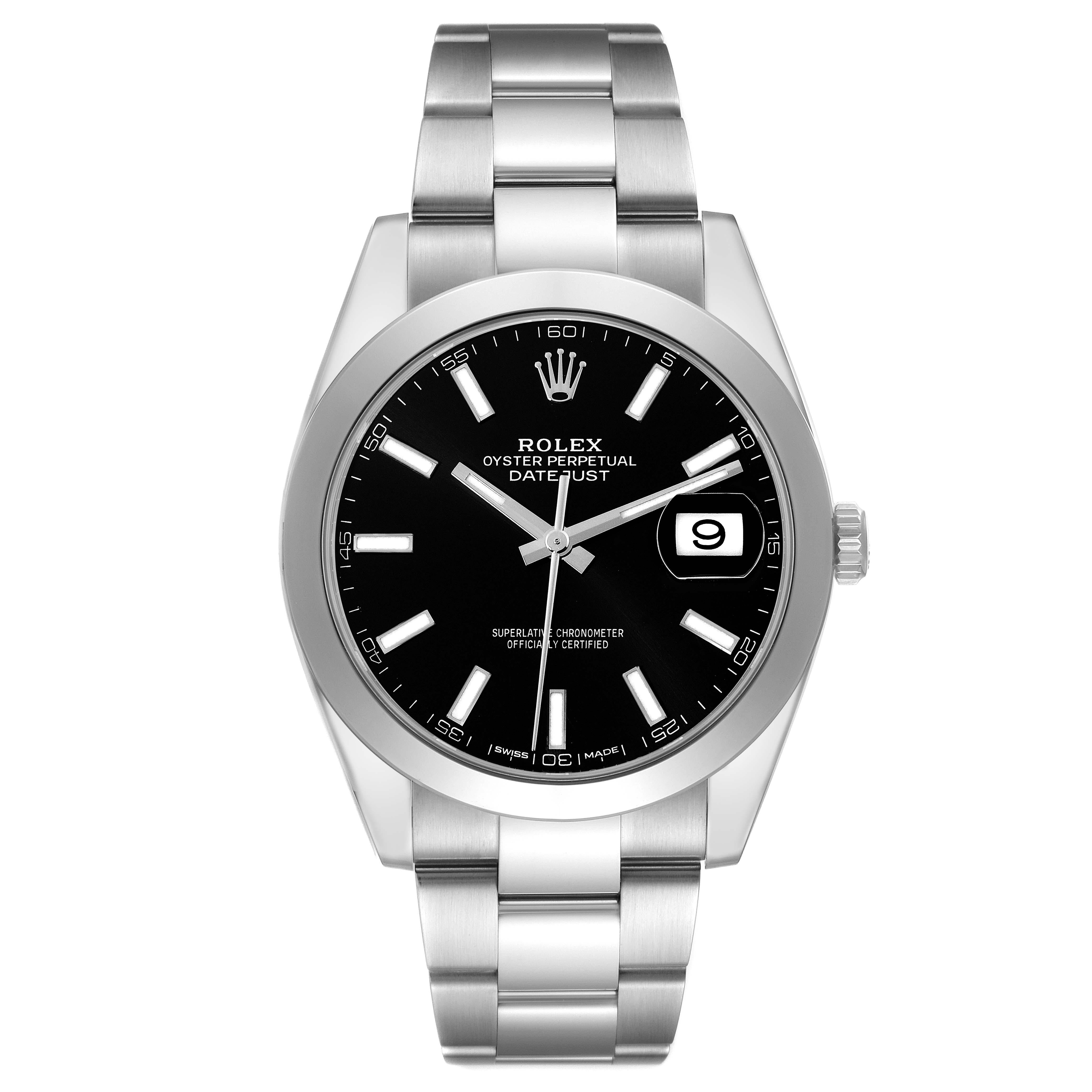 Rolex Datejust 41 Black Dial Steel Oyster Bracelet Mens Watch 126300 Box Card. Officially certified chronometer automatic self-winding movement with quickset date. Stainless steel case 41 mm in diameter. Rolex logo on a crown. Stainless steel smooth