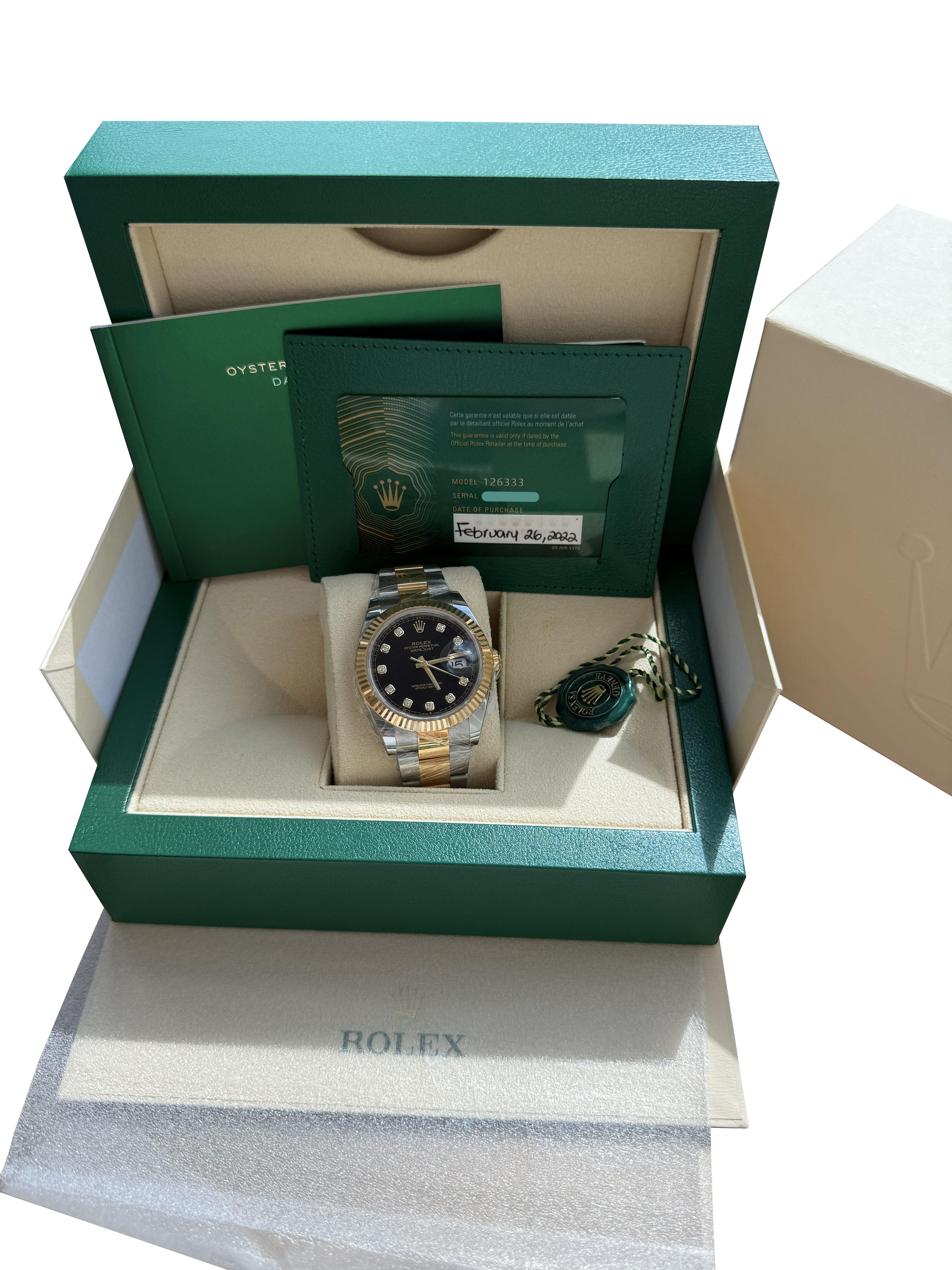 Moderniste Rolex Datejust 41 Cadran diamant noir Lunette cannelée en acier or jaune 126333 en vente