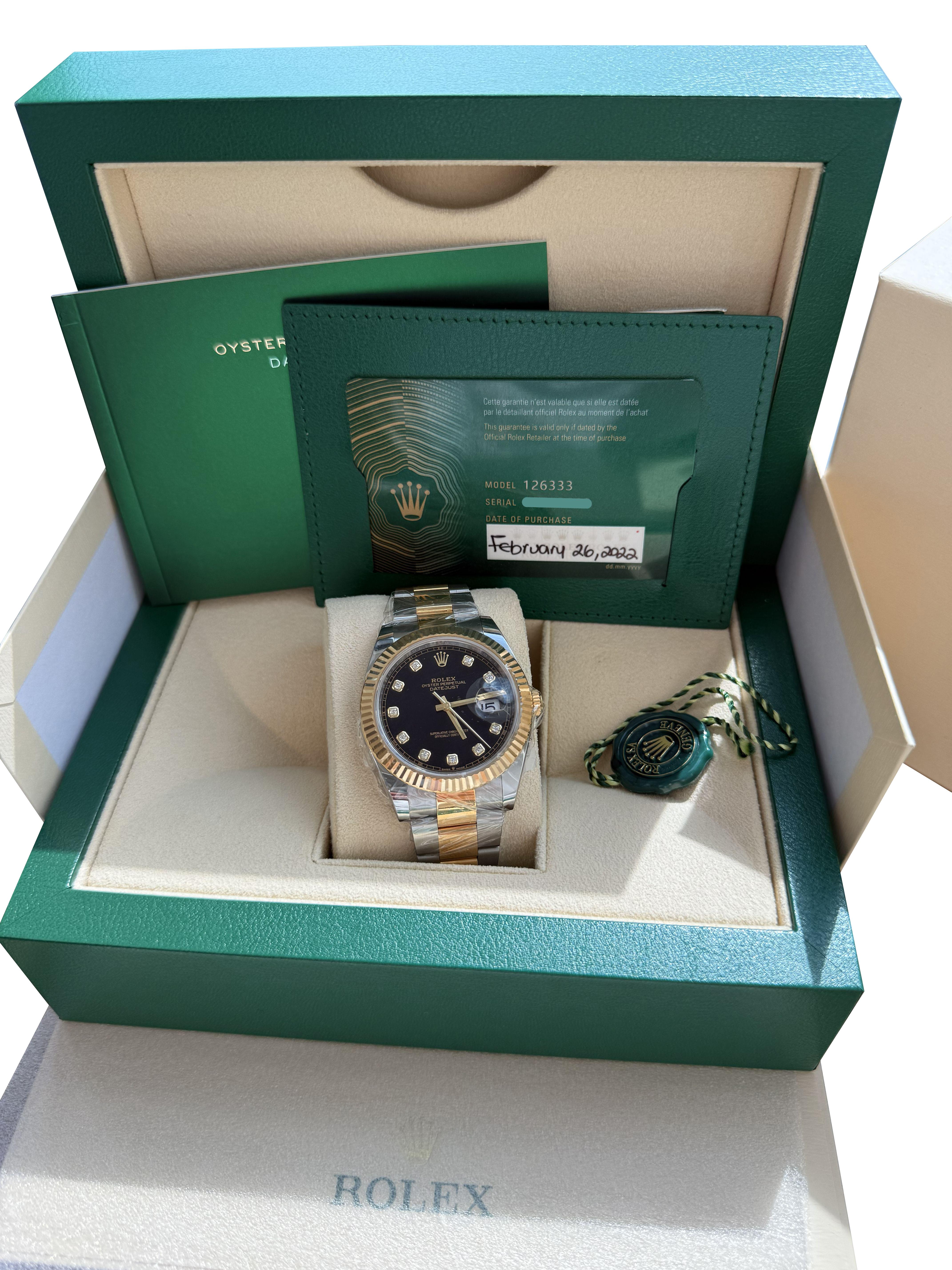 Taille ronde Rolex Datejust 41 Cadran diamant noir Lunette cannelée en acier or jaune 126333 en vente