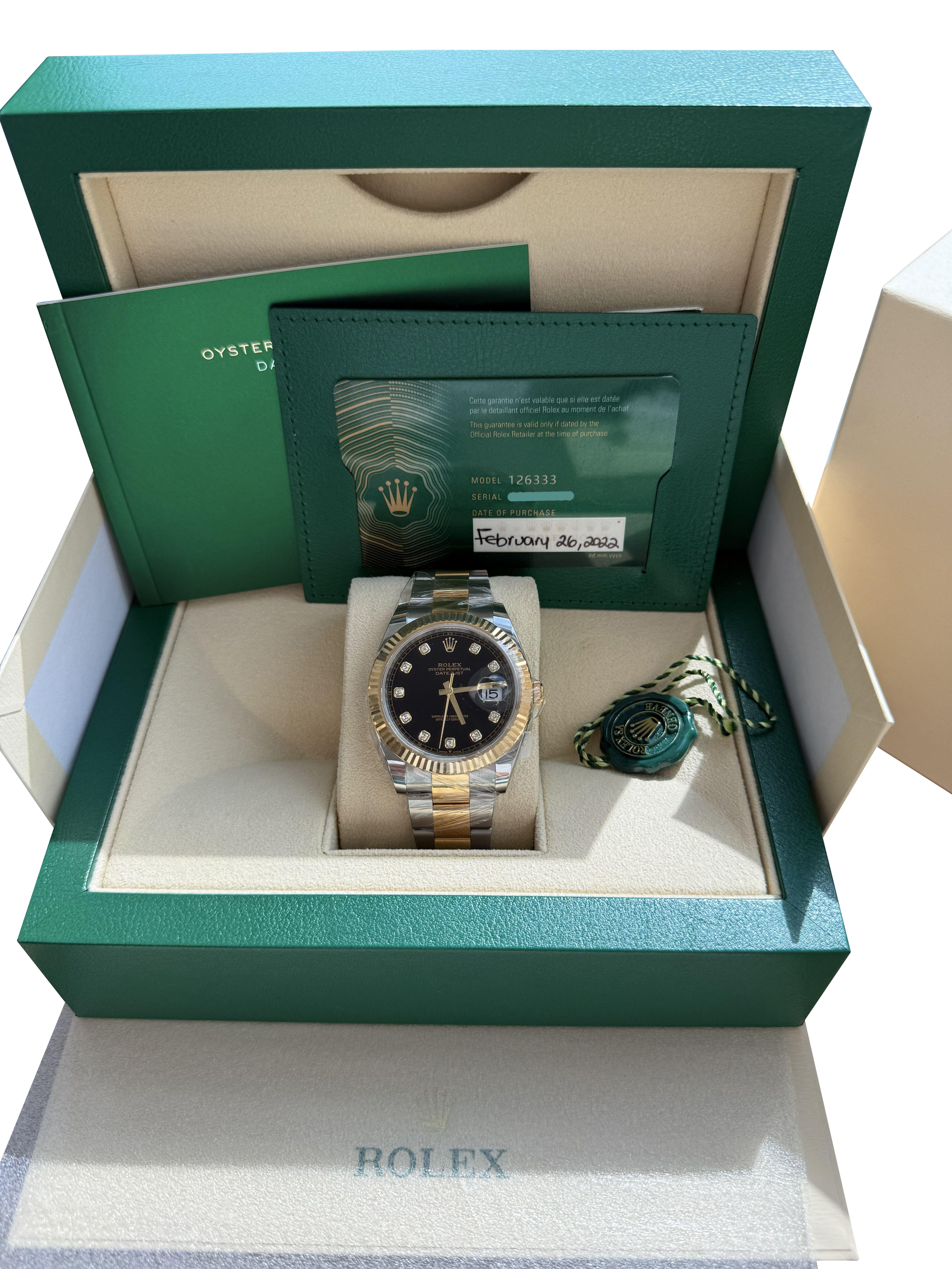 Rolex Datejust 41 Cadran diamant noir Lunette cannelée en acier or jaune 126333 Neuf - En vente à Aventura, FL