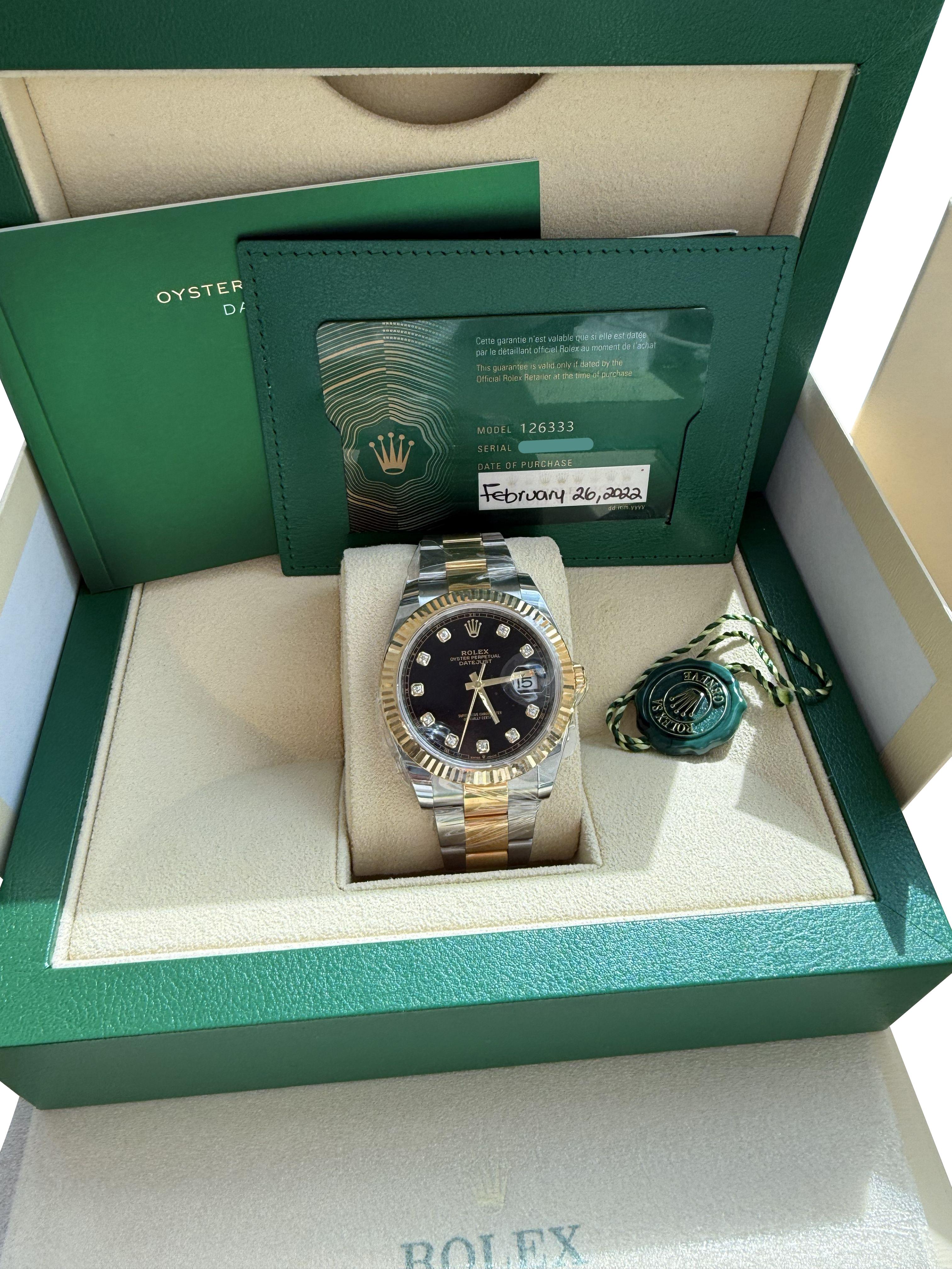 Rolex Datejust 41 Cadran diamant noir Lunette cannelée en acier or jaune 126333 Unisexe en vente