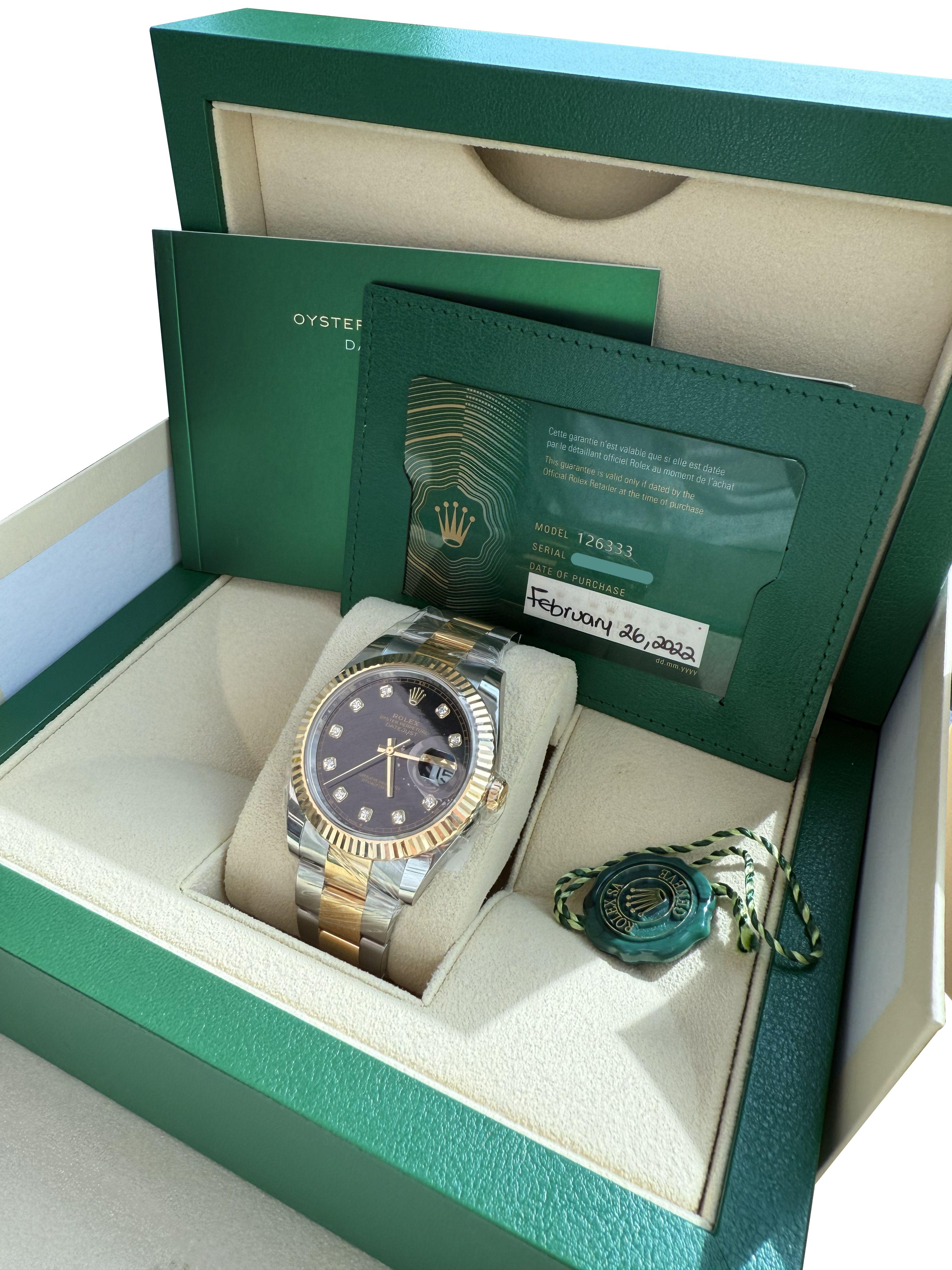 Rolex Datejust 41 Cadran diamant noir Lunette cannelée en acier or jaune 126333 en vente 1