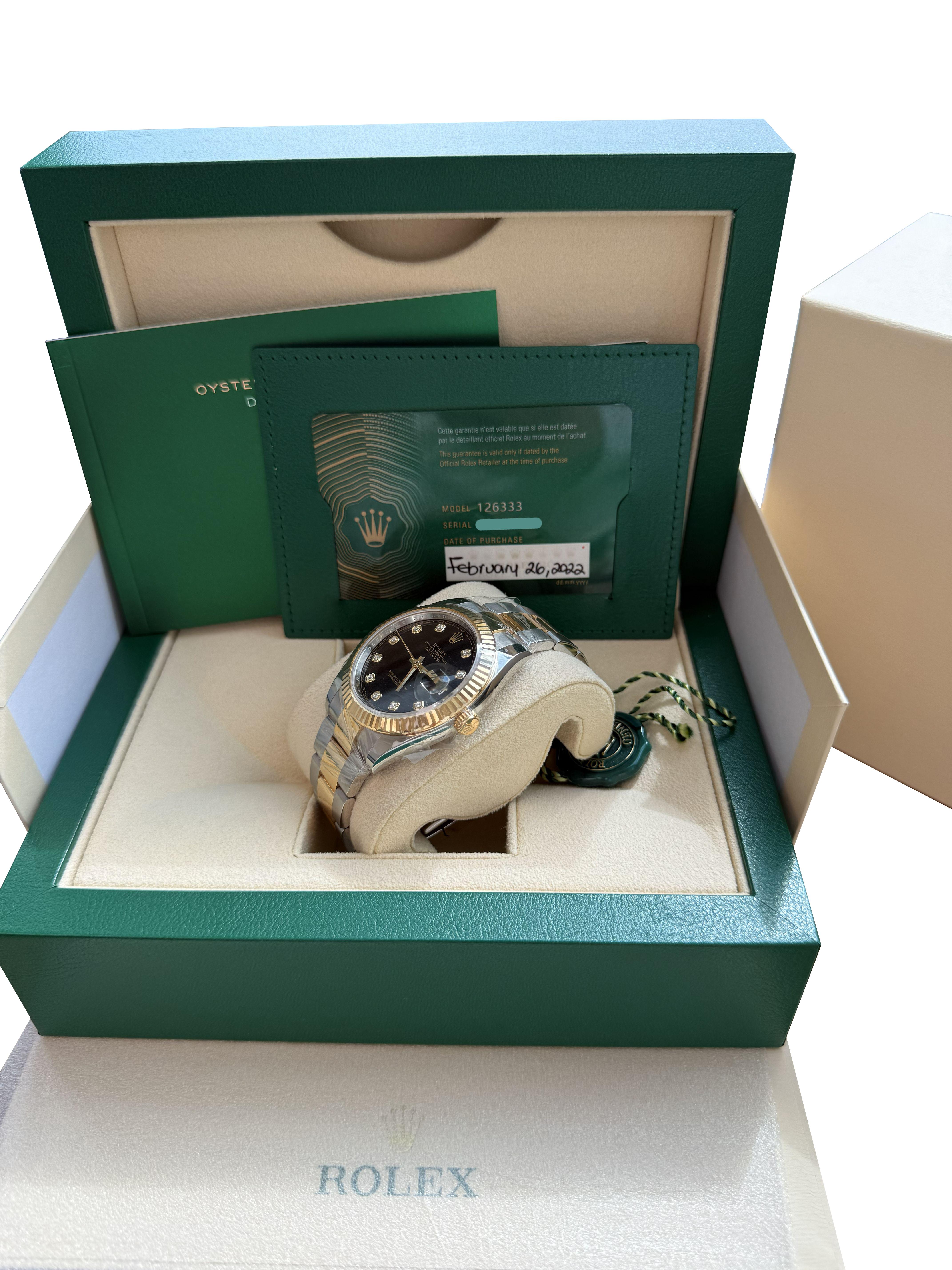 Rolex Datejust 41 Cadran diamant noir Lunette cannelée en acier or jaune 126333 en vente 2