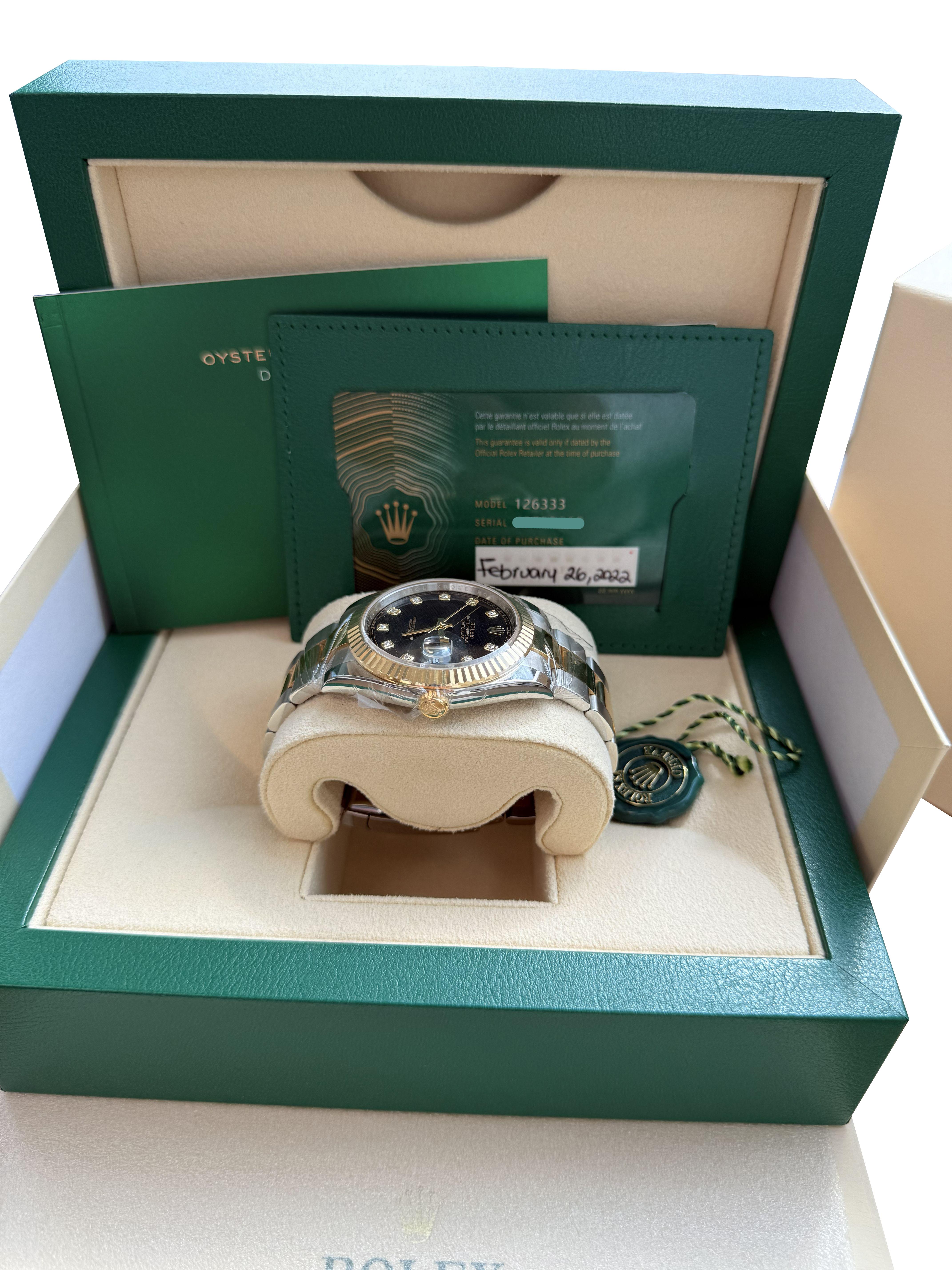 Rolex Datejust 41 Cadran diamant noir Lunette cannelée en acier or jaune 126333 en vente 3