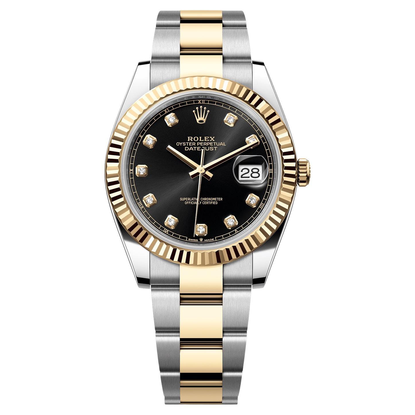 Rolex Datejust 41 Quadrante nero con diamanti Orologio con lunetta scanalata in acciaio oro giallo 126333